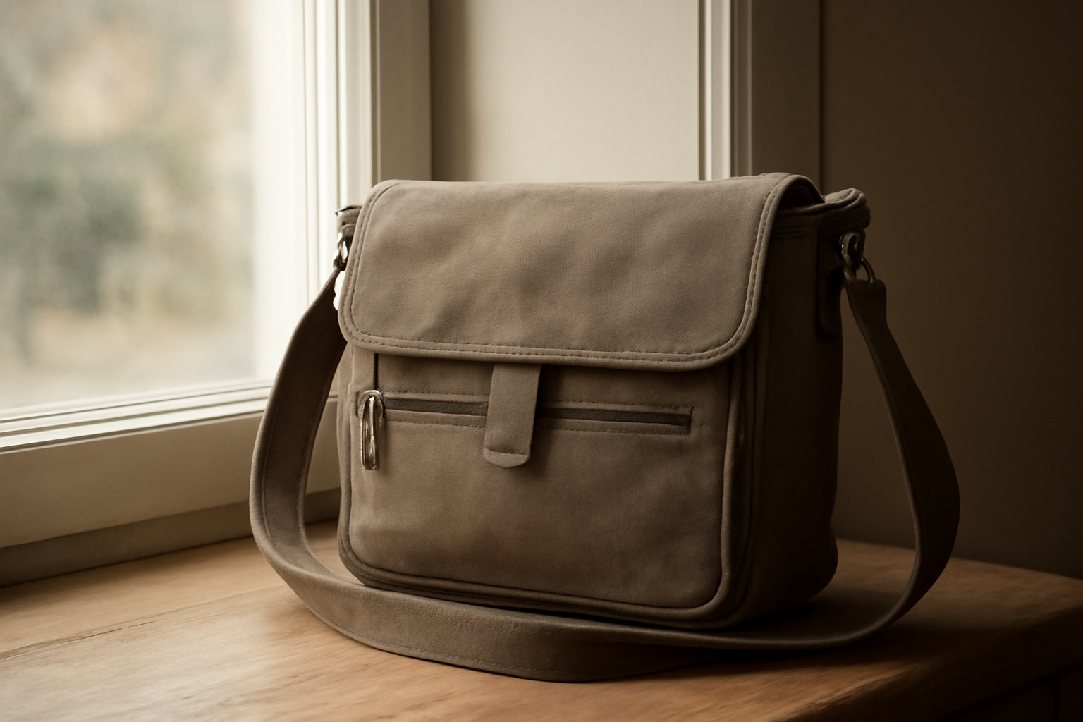 sac bandoulière posé près d'une fenêtre