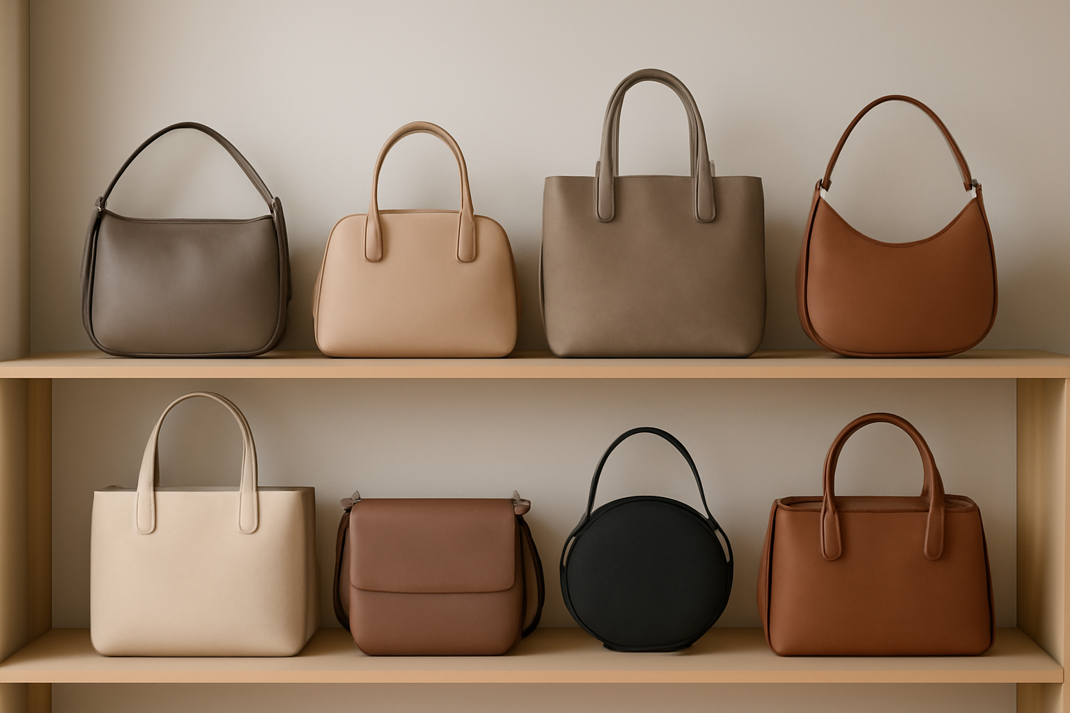collection de sacs posés sur étagère neutre