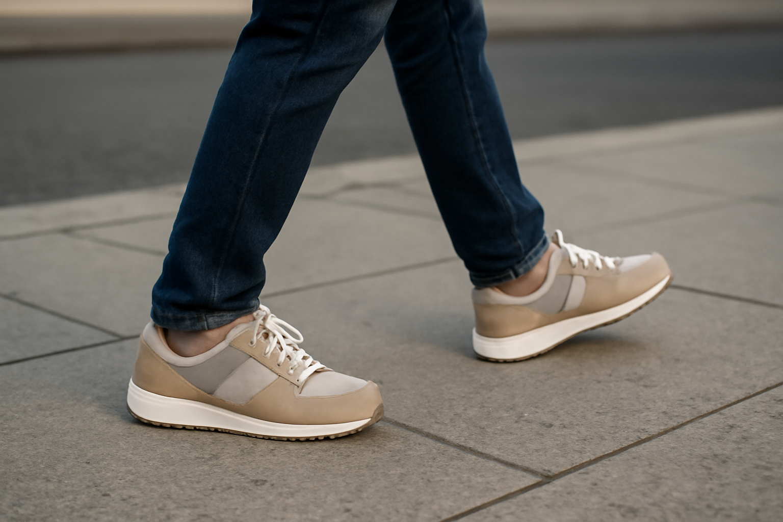 personne marchant en baskets sur trottoir