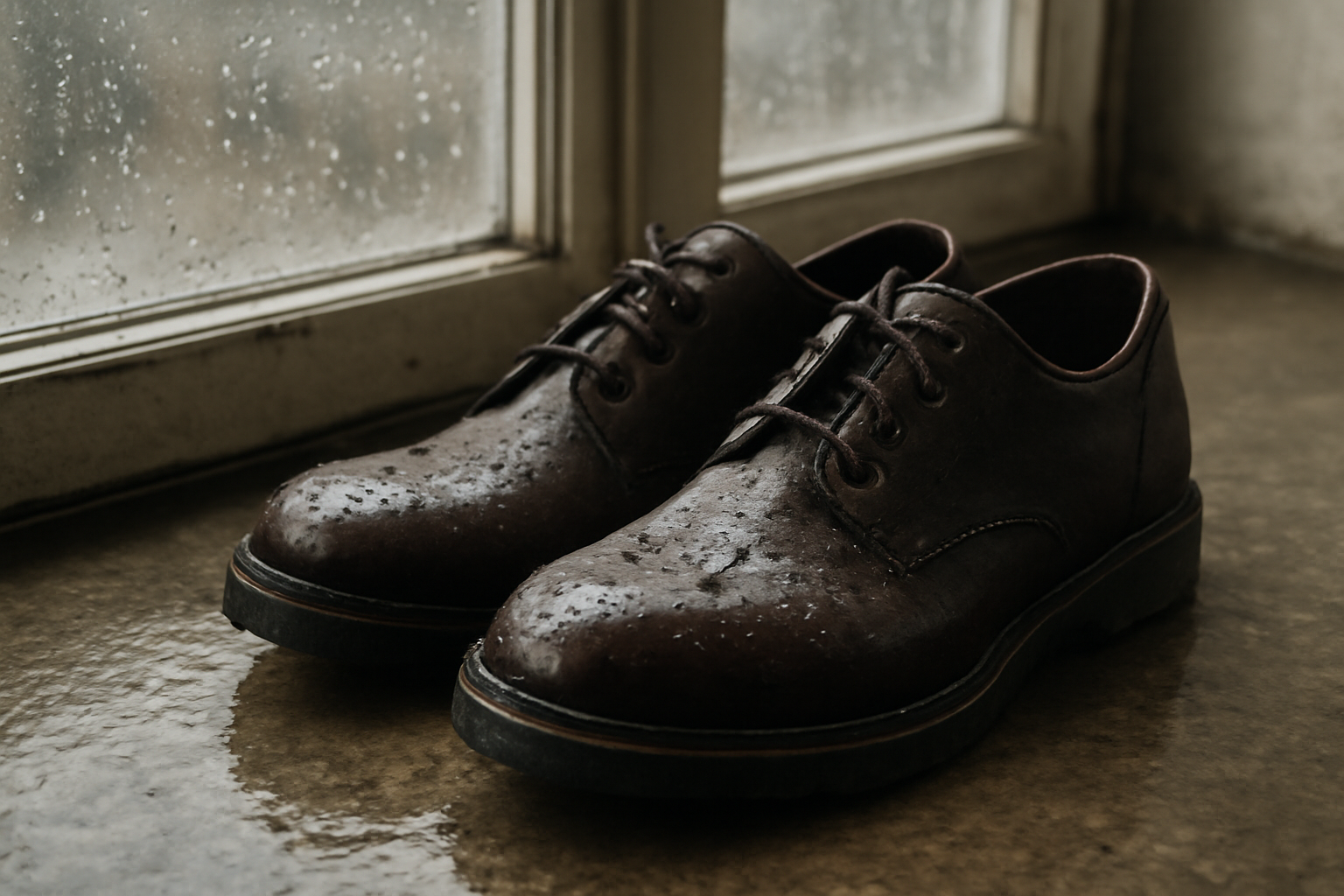 paire de chaussures mouillees pres d'une fenetre