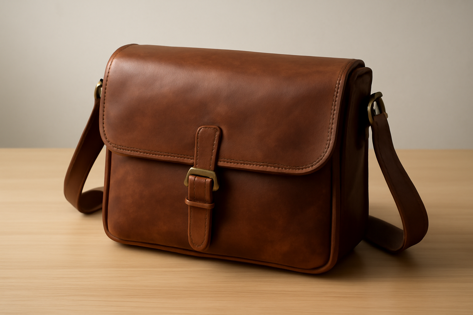 sac en cuir posé sur table claire