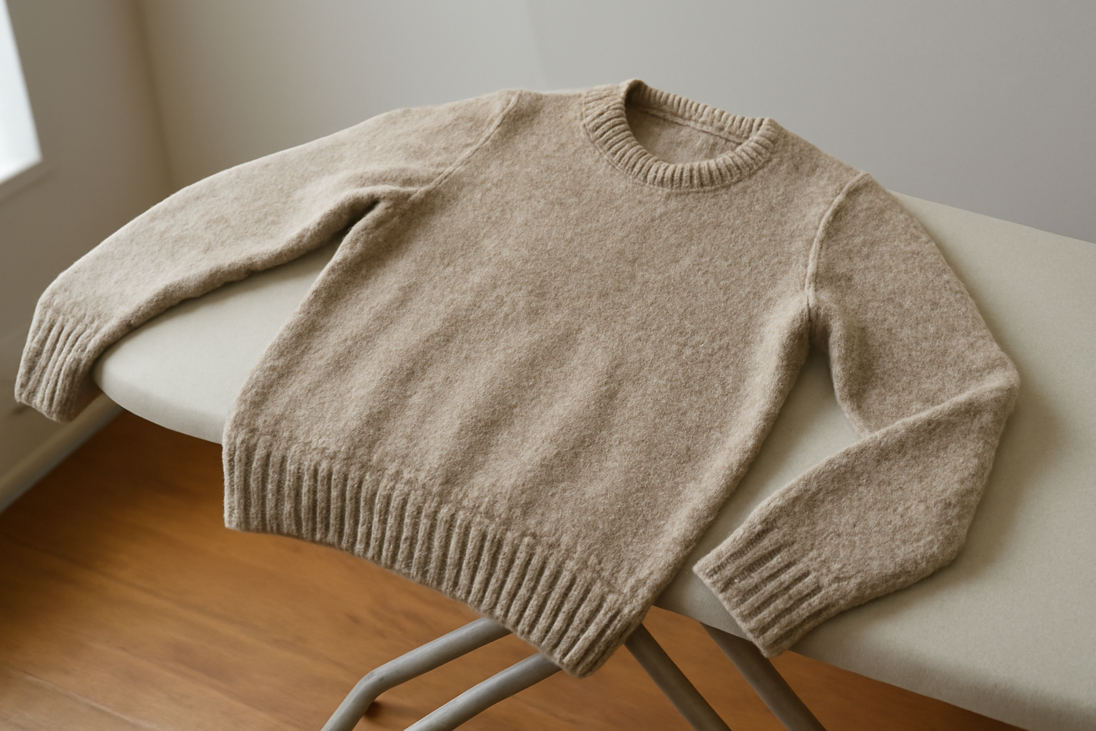 pull en laine sur planche à repasser