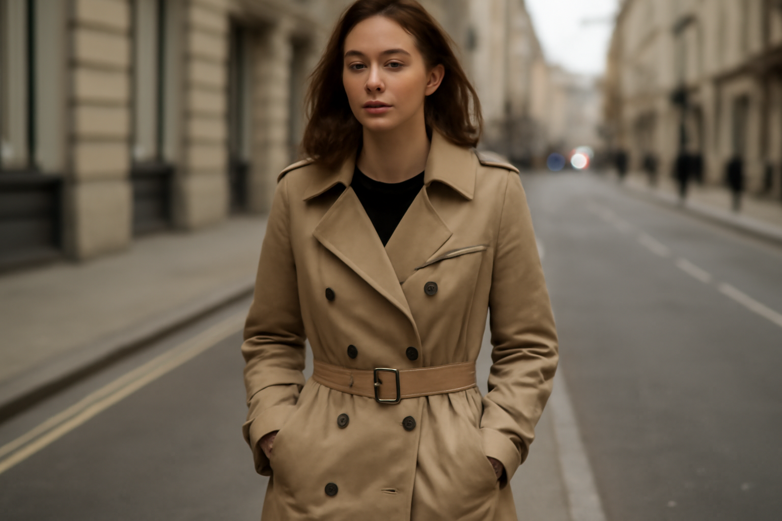 personne portant un trench beige en ville