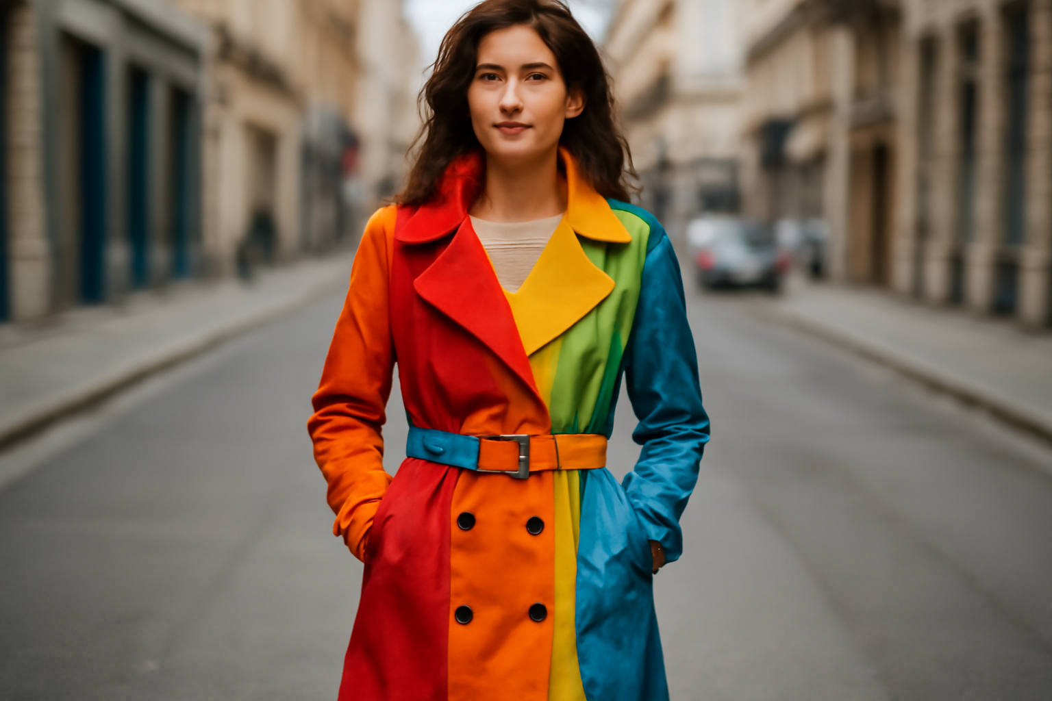 personne portant un trench coloré dans rue citadine