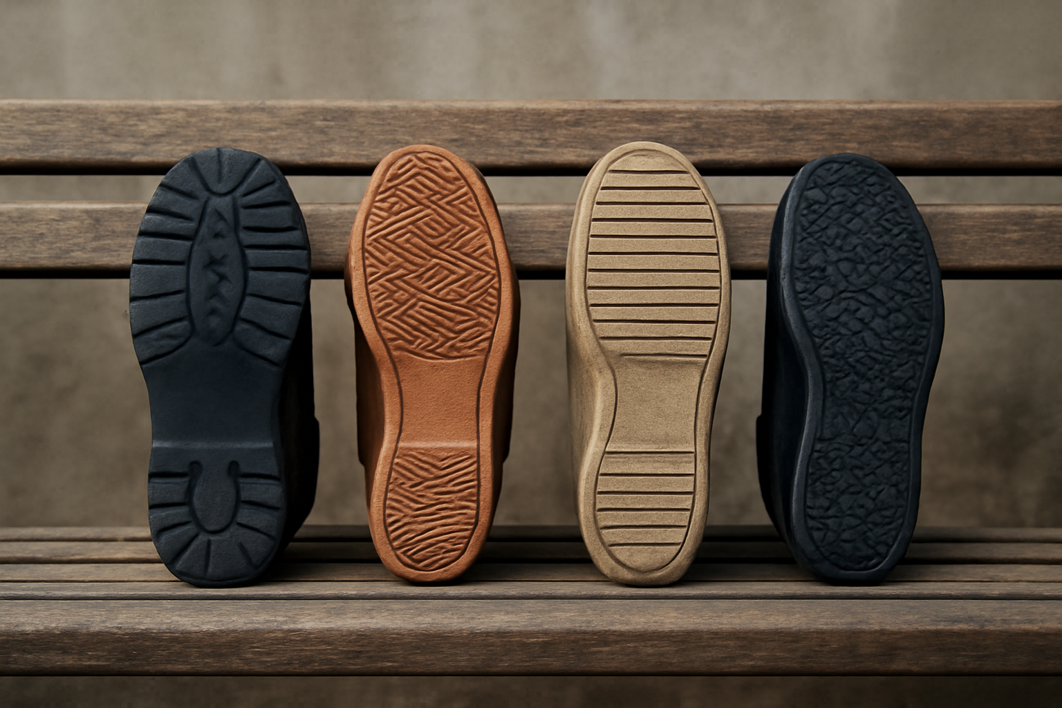 semelles variées alignées sur un banc