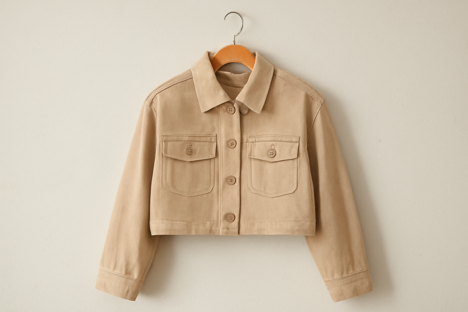 veste courte sur cintre contre mur clair