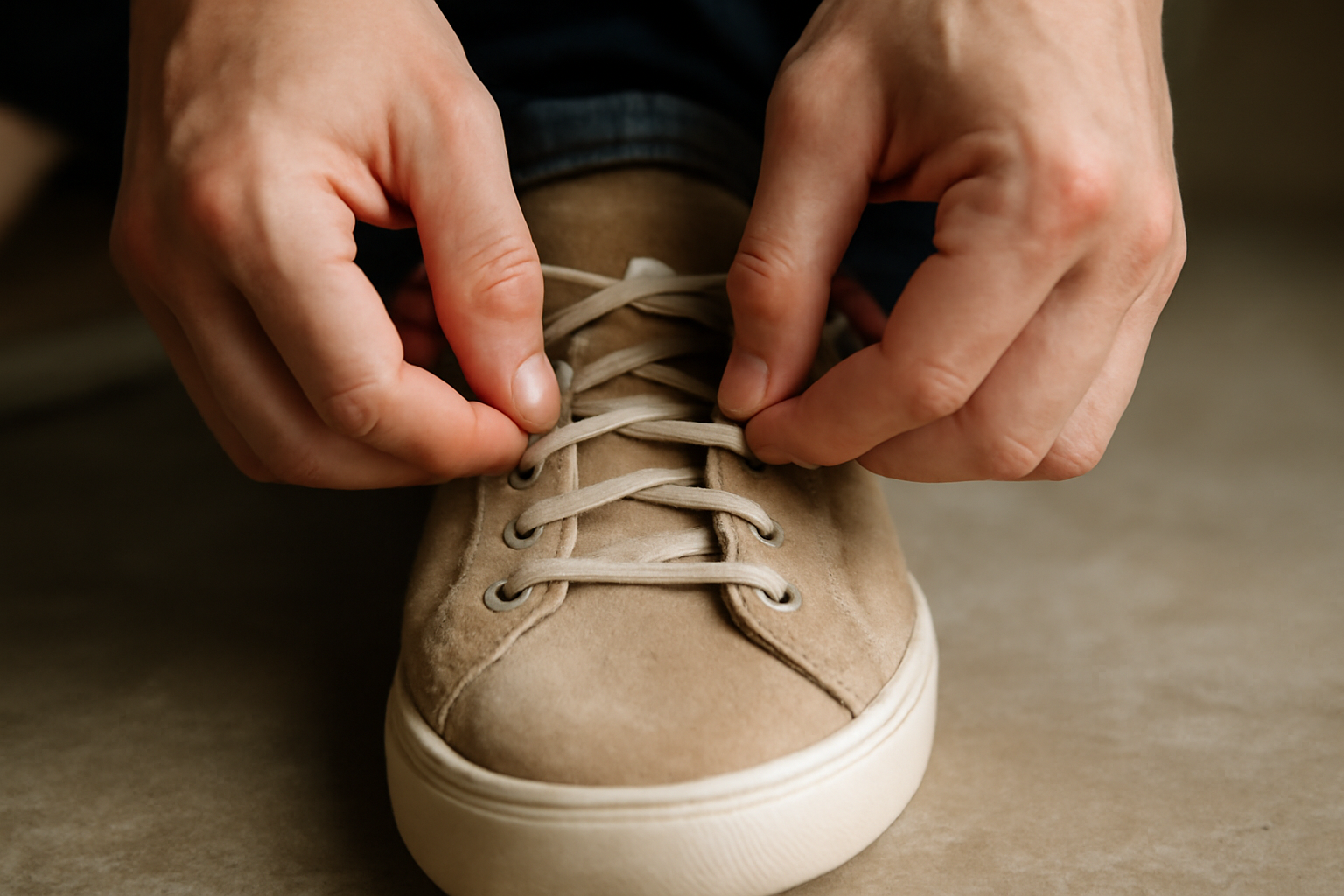 mains refaisant le lacage d'une chaussure