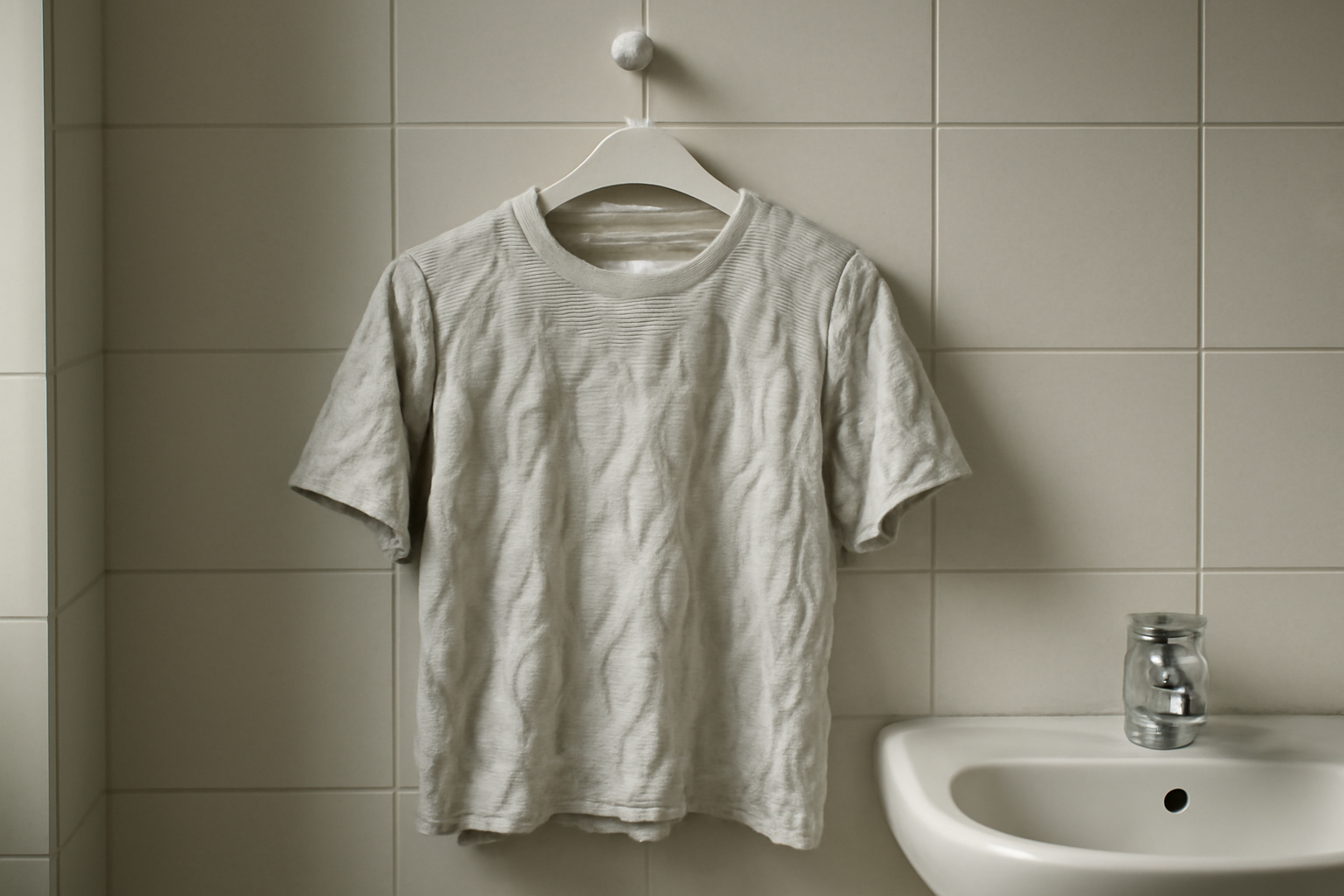 vetement froisse accroche dans une salle de bain