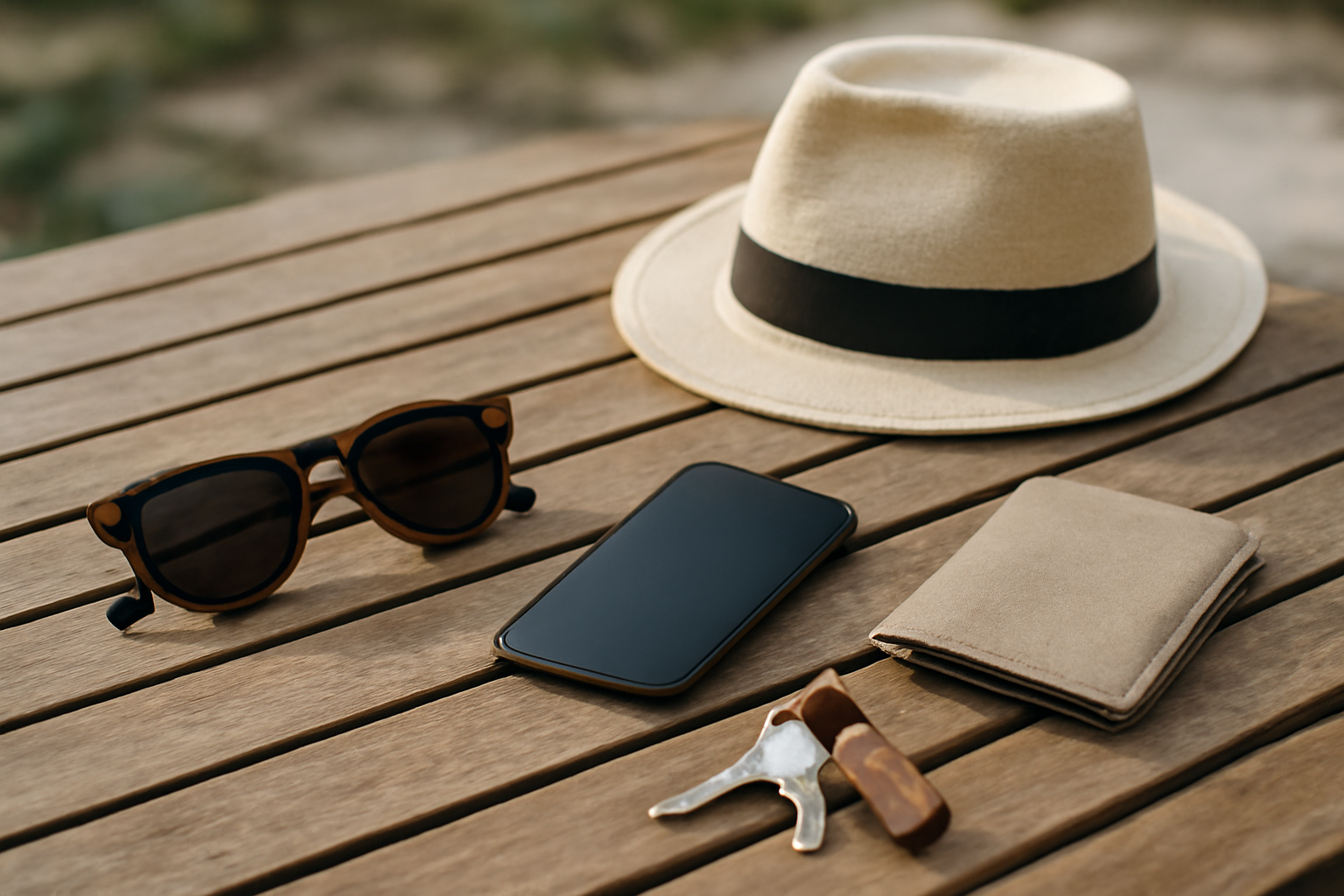 accessoires legers poses sur une table exterieure