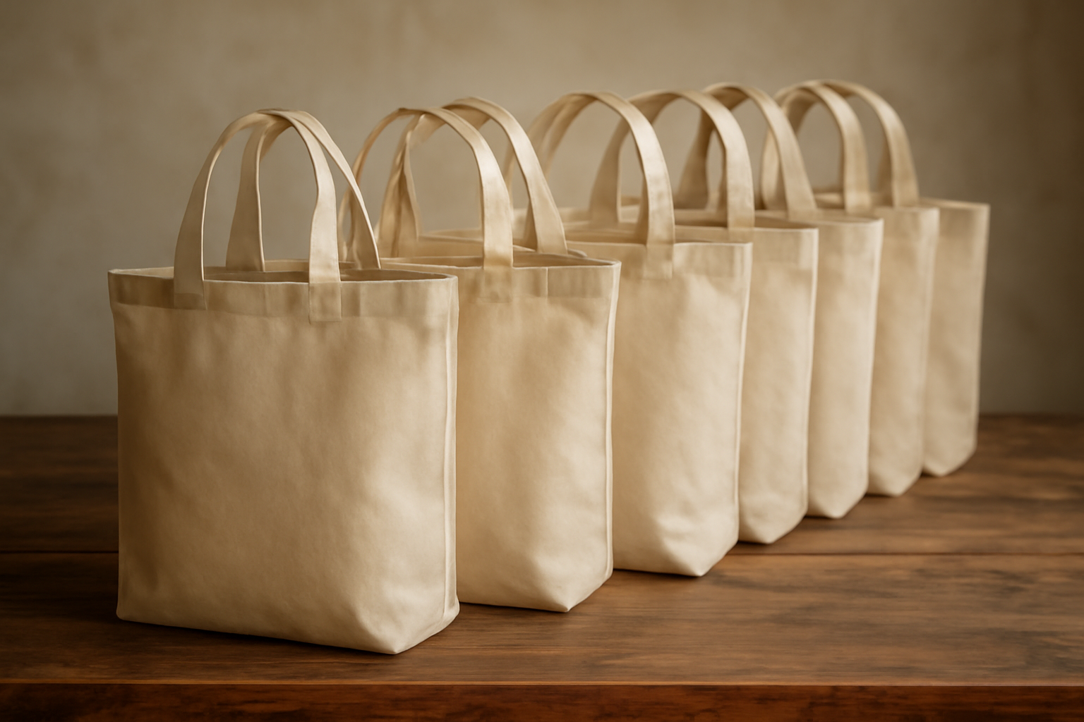 sacs de toile alignés sur table en bois