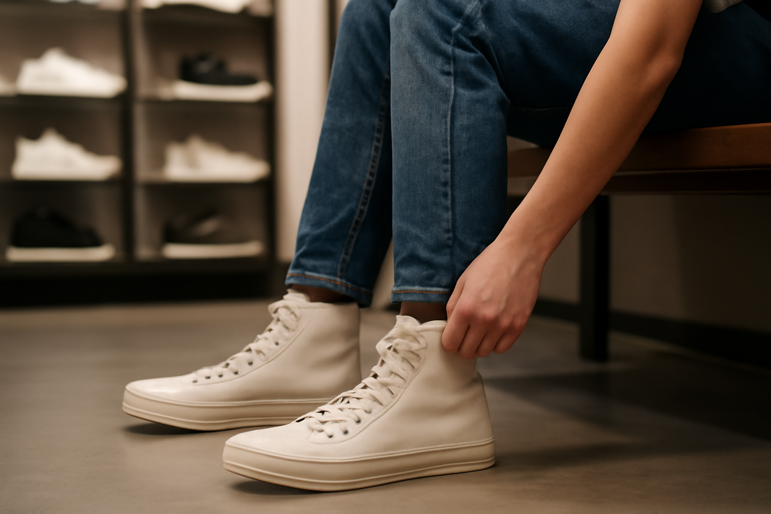 personne essayant des baskets montantes en magasin