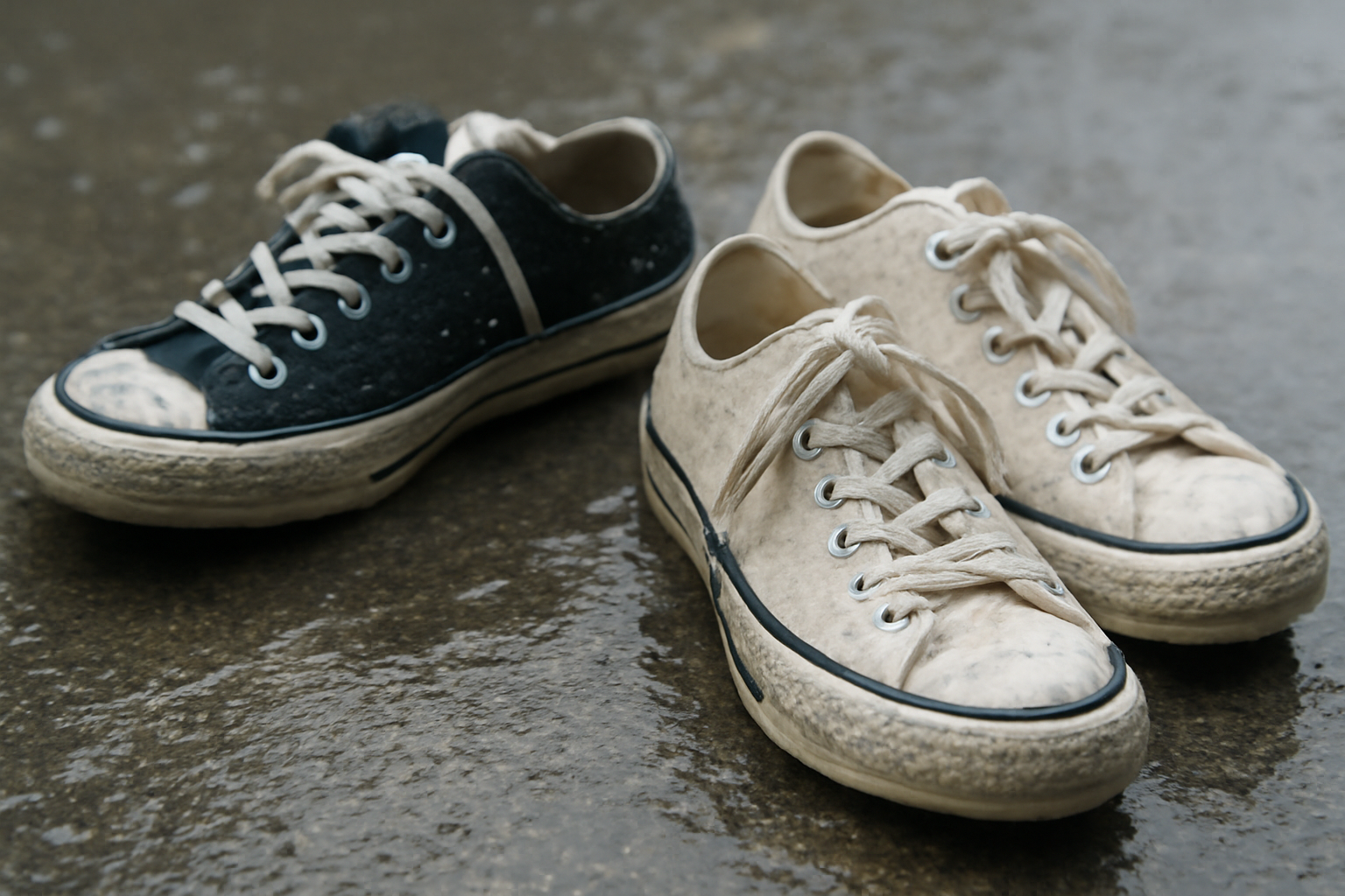 paires de baskets en toile mouillées