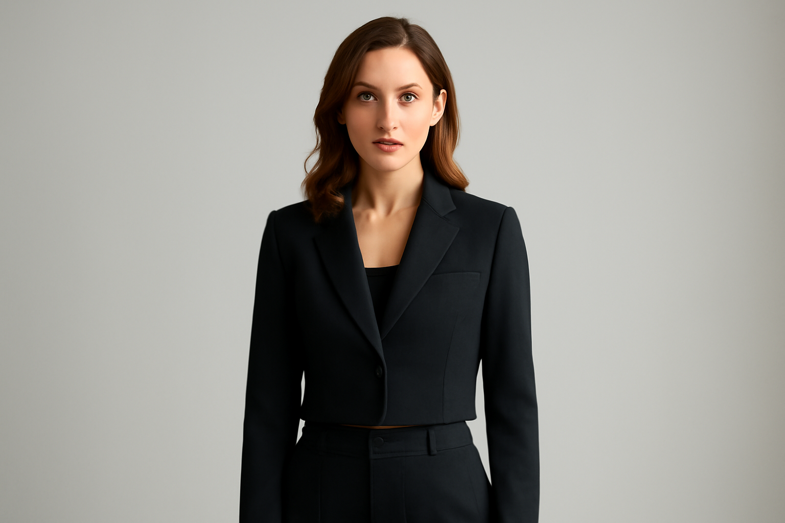 femme portant un blazer court sobre