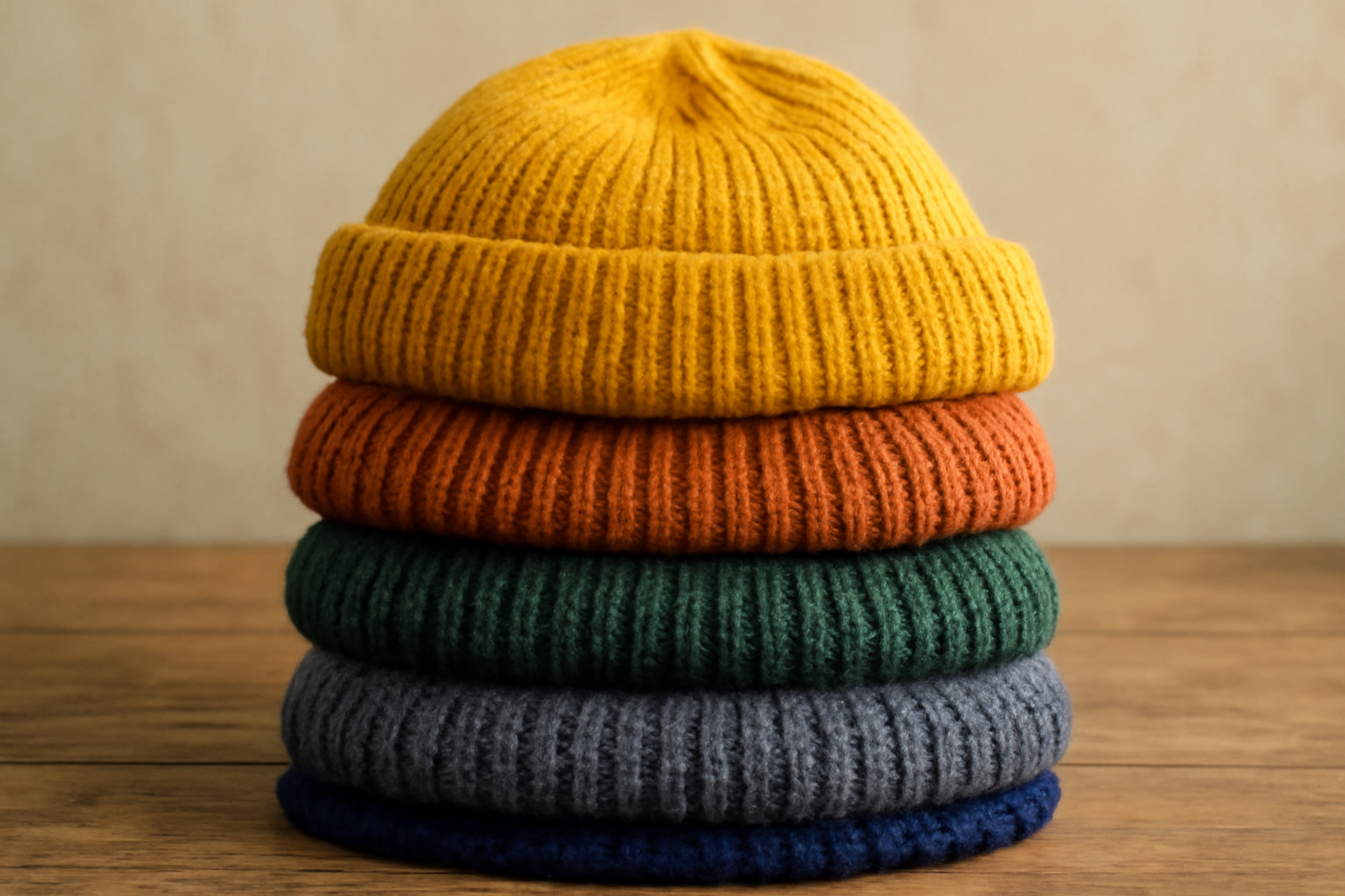 pile de bonnets colorés sur une table