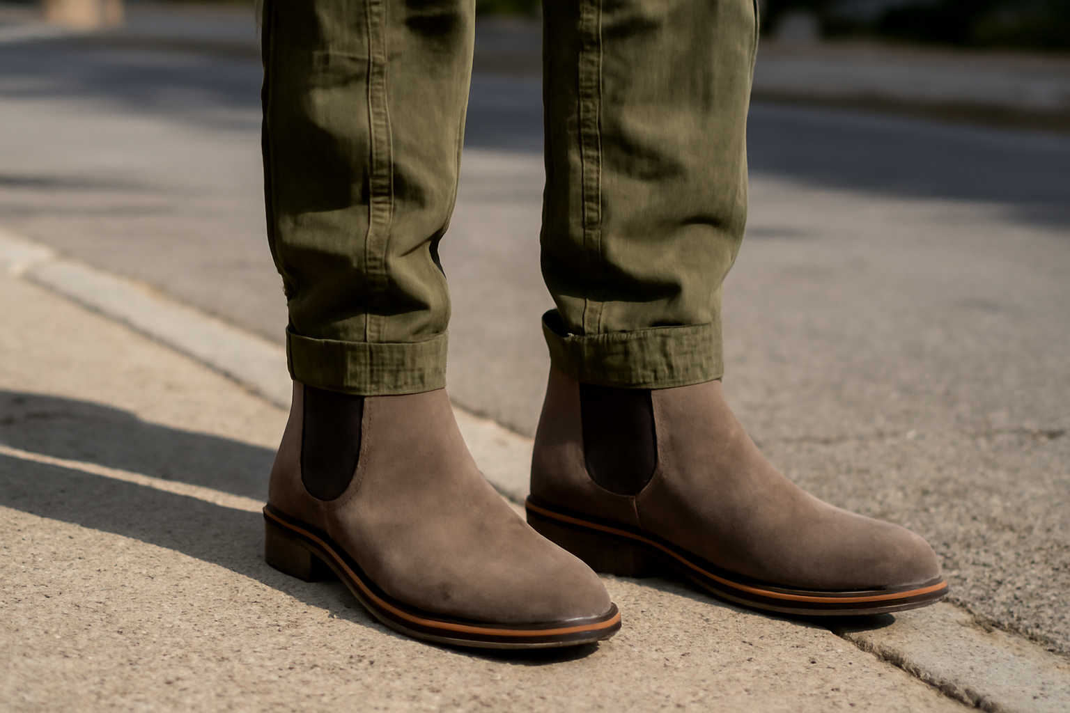 bottines portées avec pantalon cargo sur trottoir