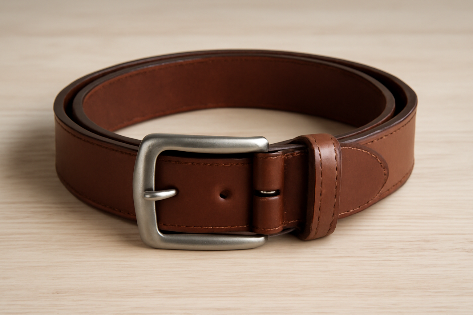 ceinture en cuir posée sur une table claire