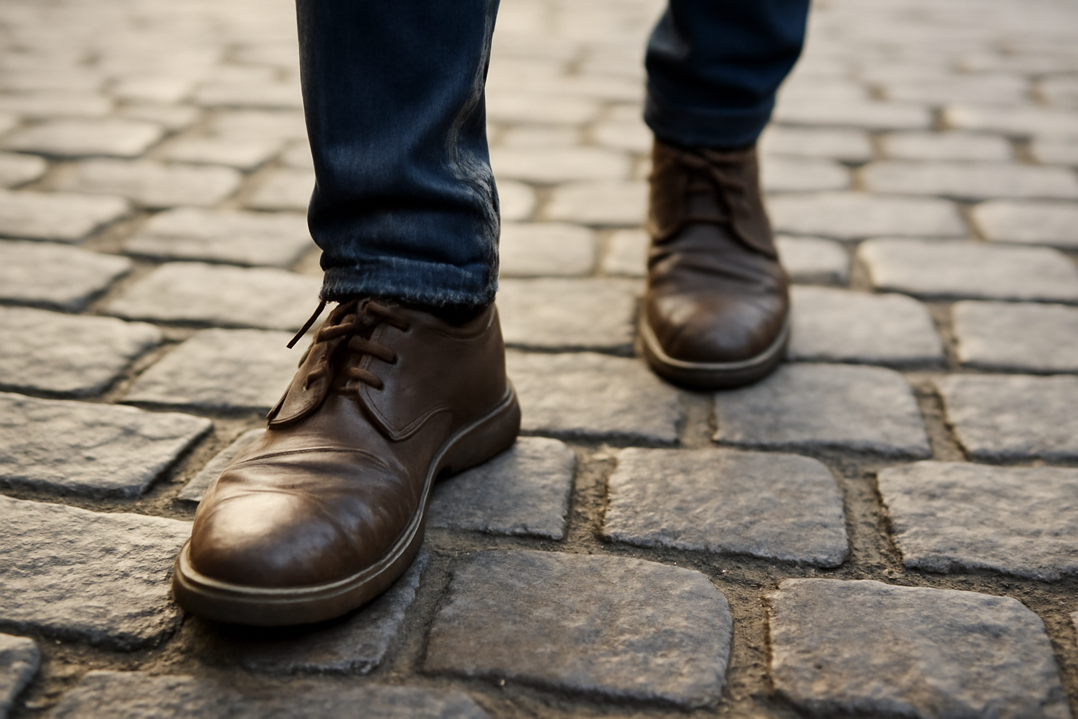 paire de chaussures marchant sur un sol pavé