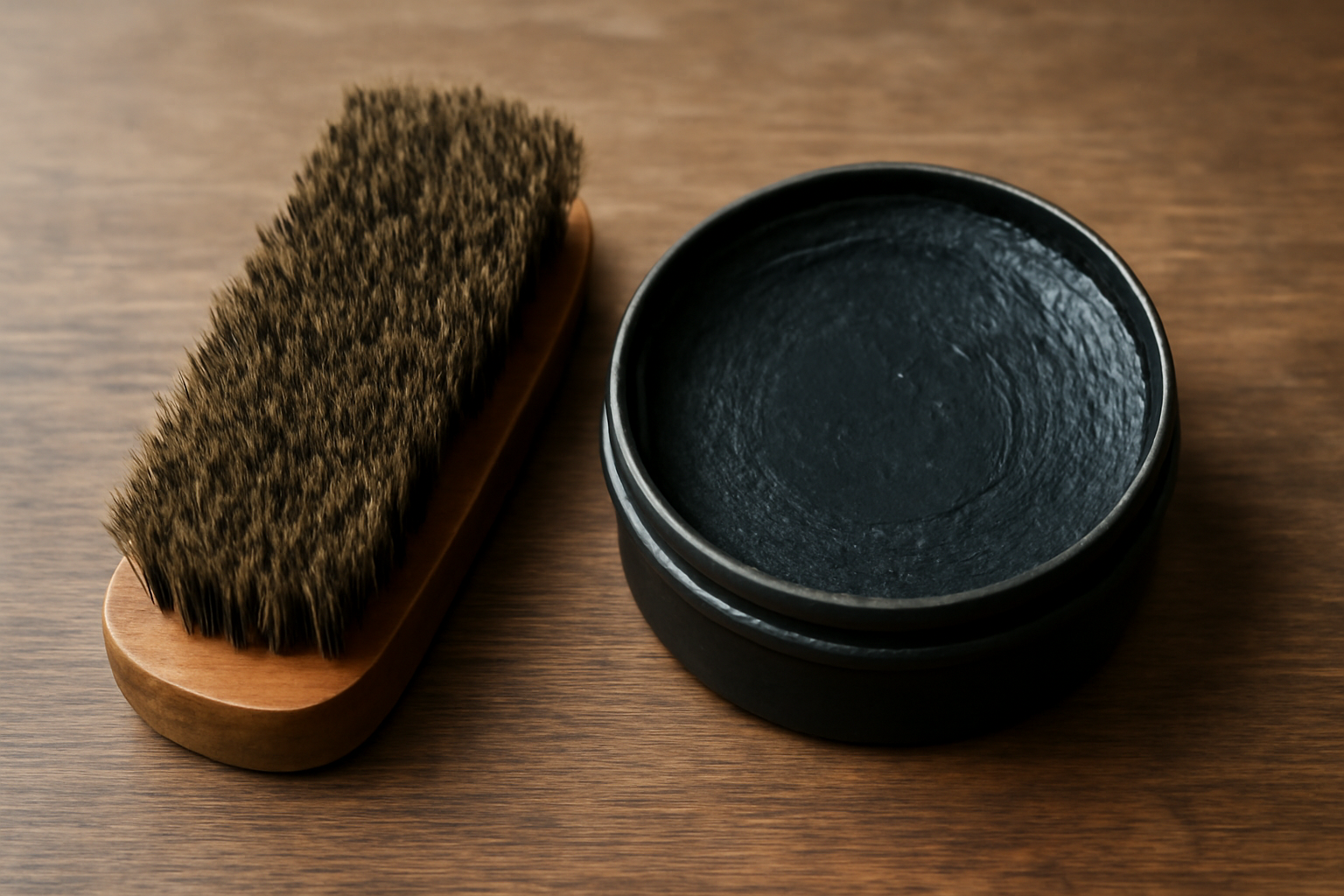 brosse et pot de cirage côte à côte