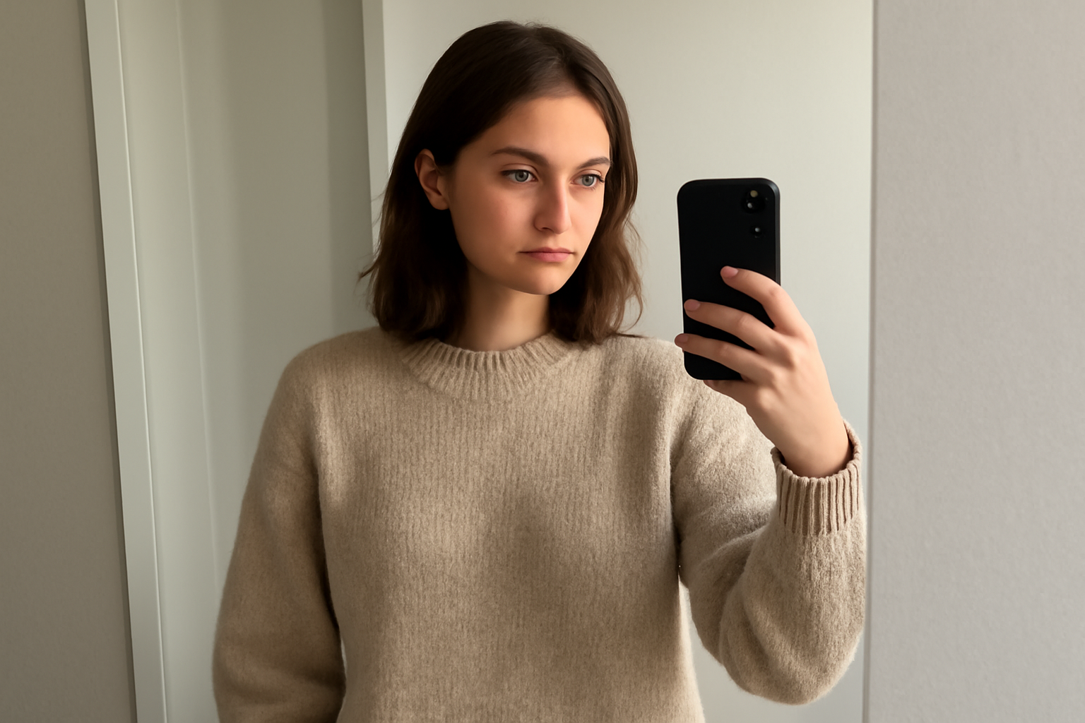personne portant un pull pres du miroir