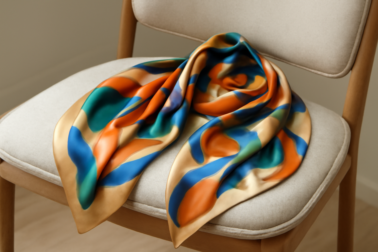 foulard en soie posé sur une chaise claire