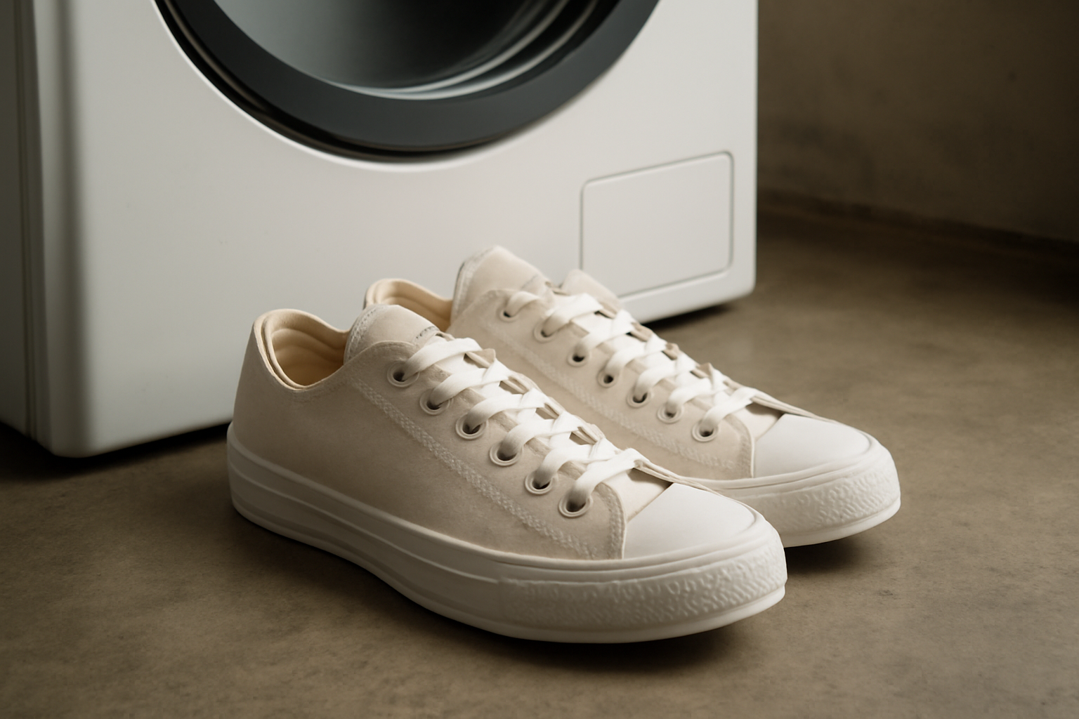 baskets en toile pres d'une machine