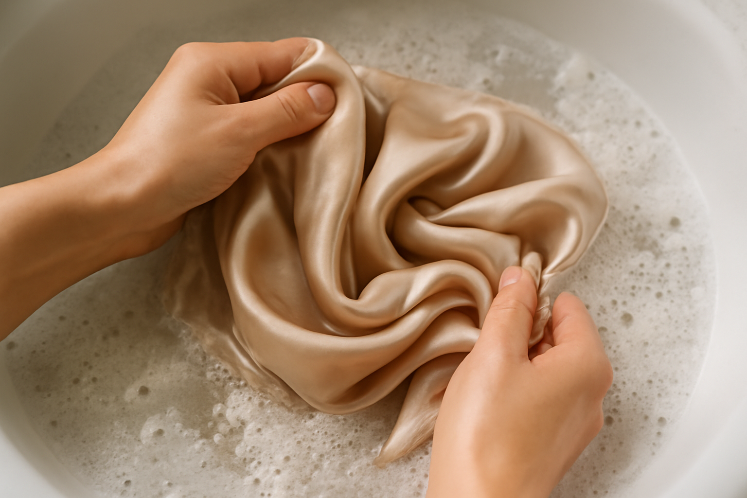 mains lavant délicatement un foulard soyeux
