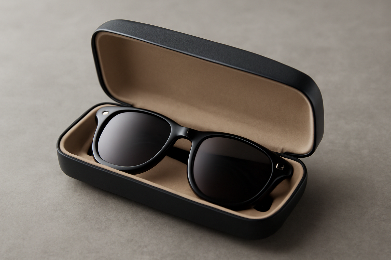étui rigide contenant une paire de lunettes de soleil
