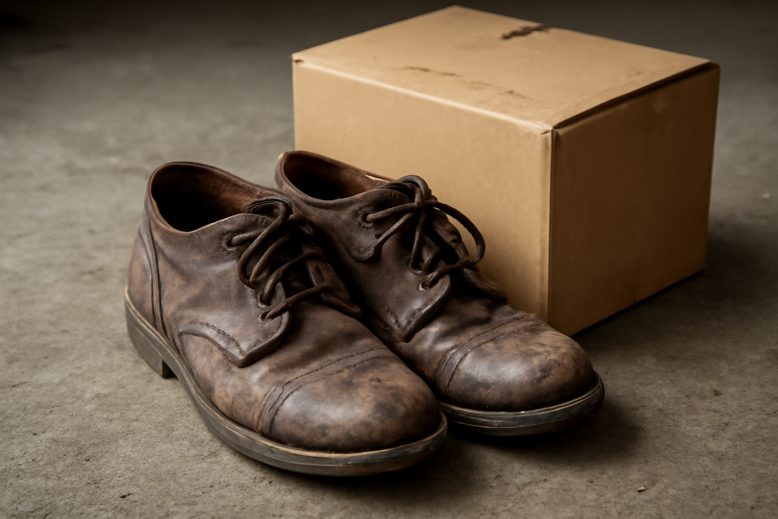 chaussures usagées posées près d'une boîte