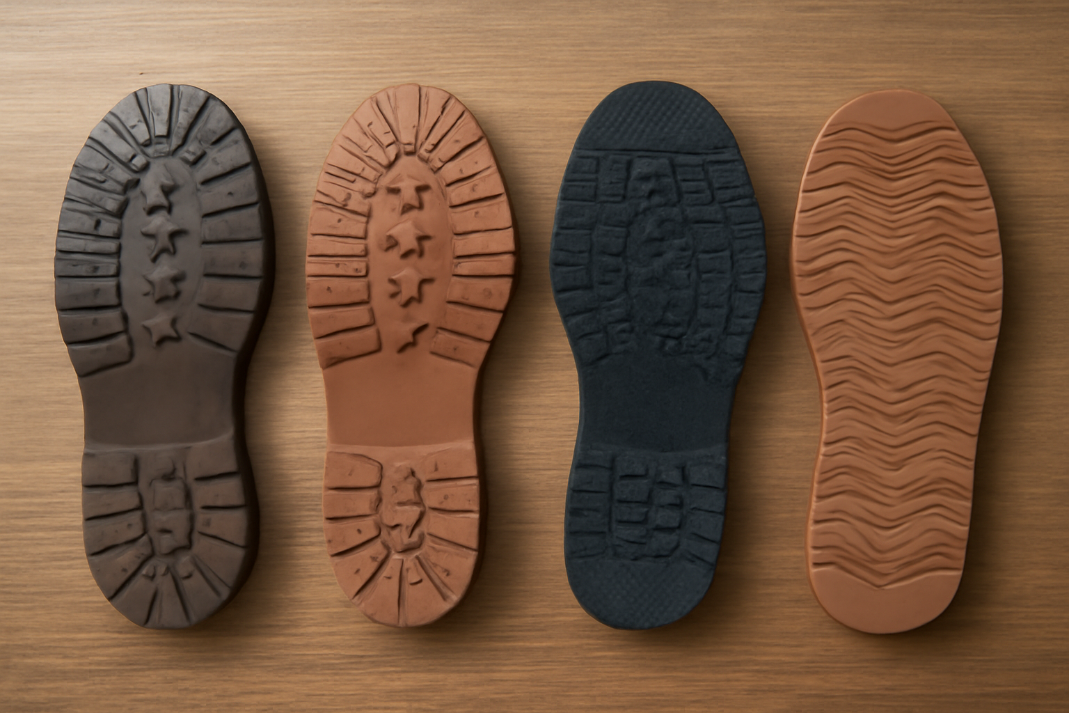 semelles de chaussures alignées sur une table