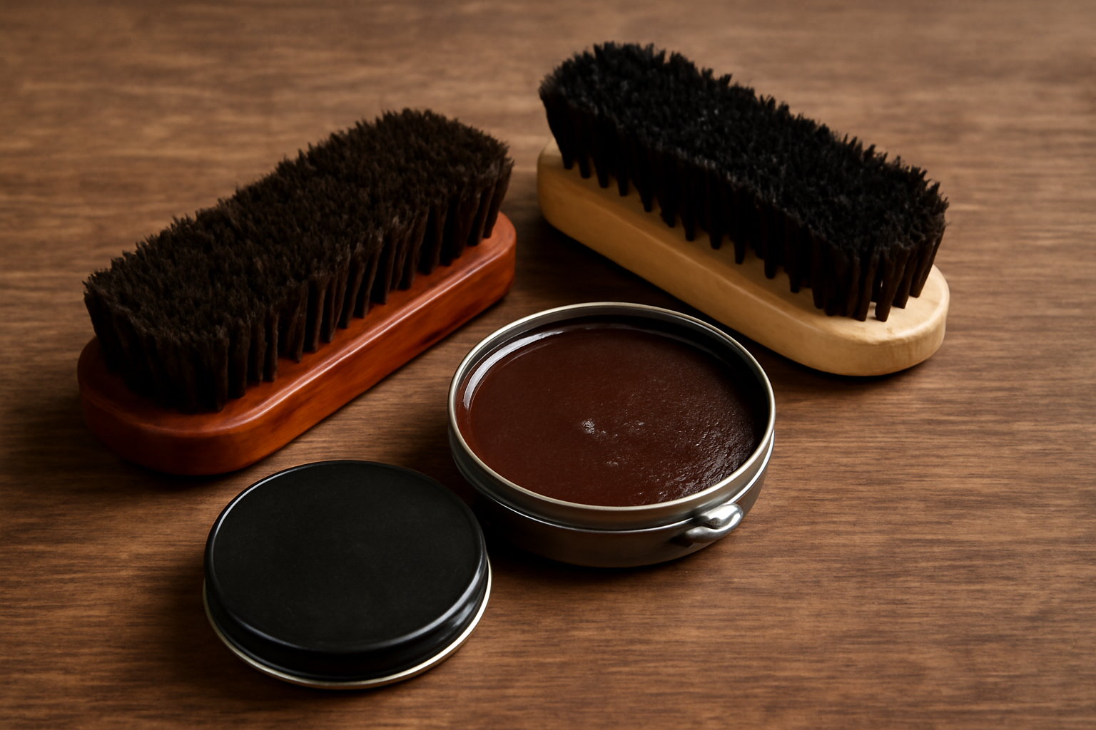 brosses et cire pour chaussures posées