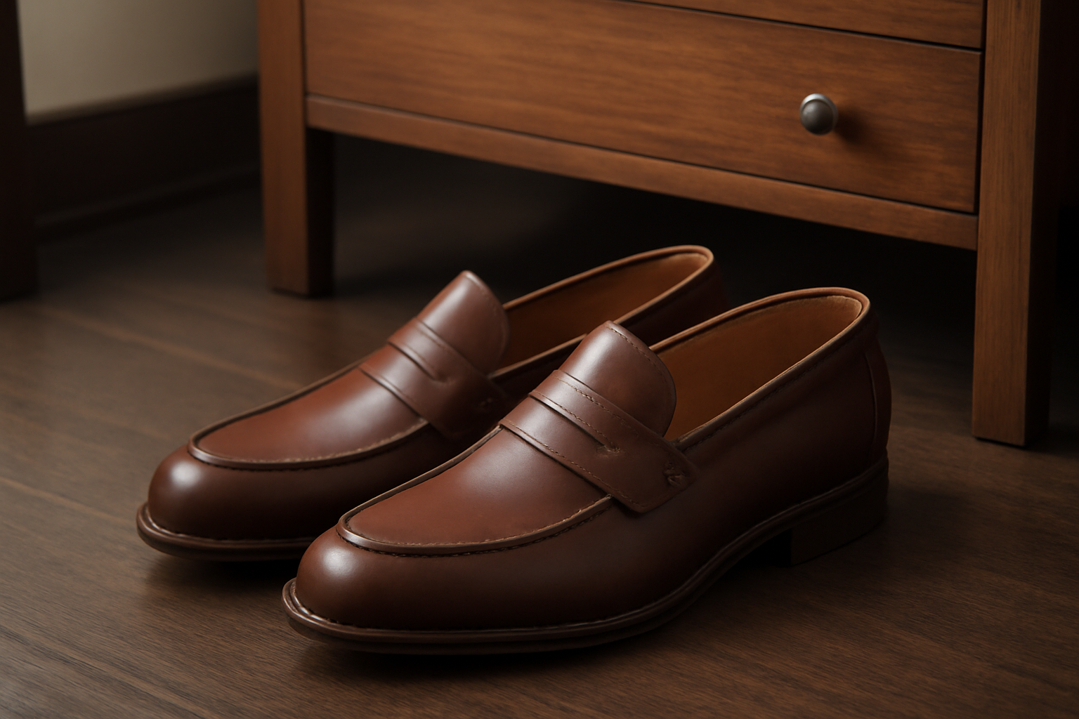 mocassins élégants posés près d'un bureau en bois