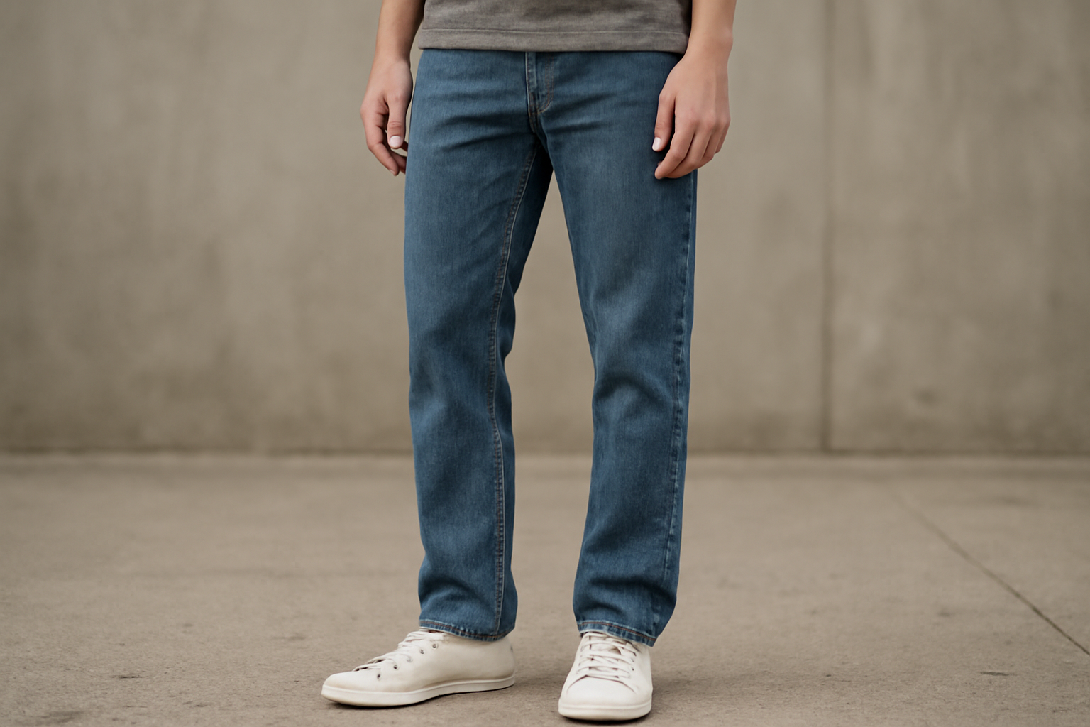 personne portant un jean coupe droite et baskets