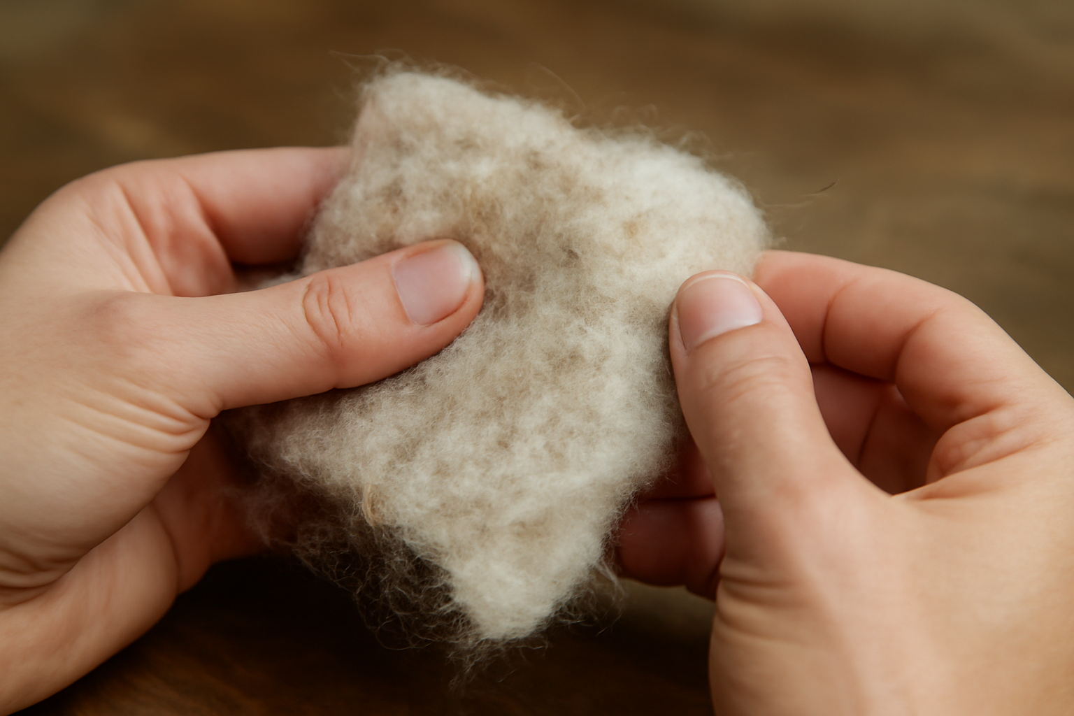 mains examinant un echantillon de laine feutree