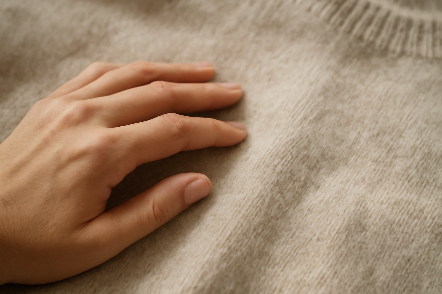 main caressant la surface d'un pull en laine