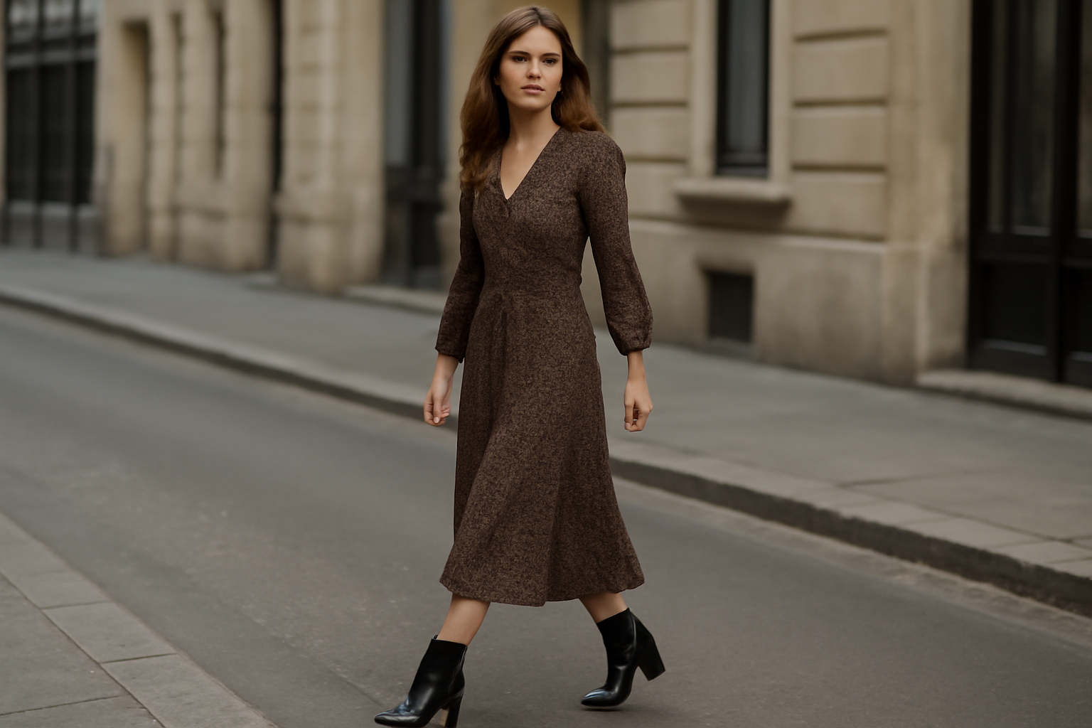 femme portant bottines et robe midi en rue