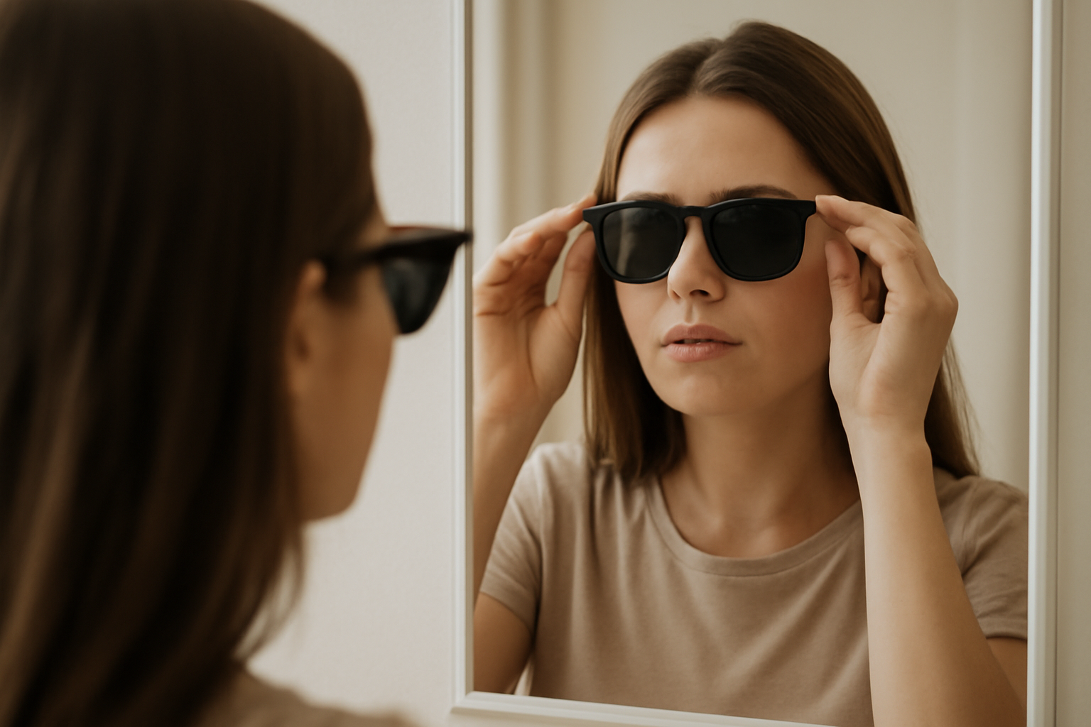 personne essayant lunettes de soleil devant miroir