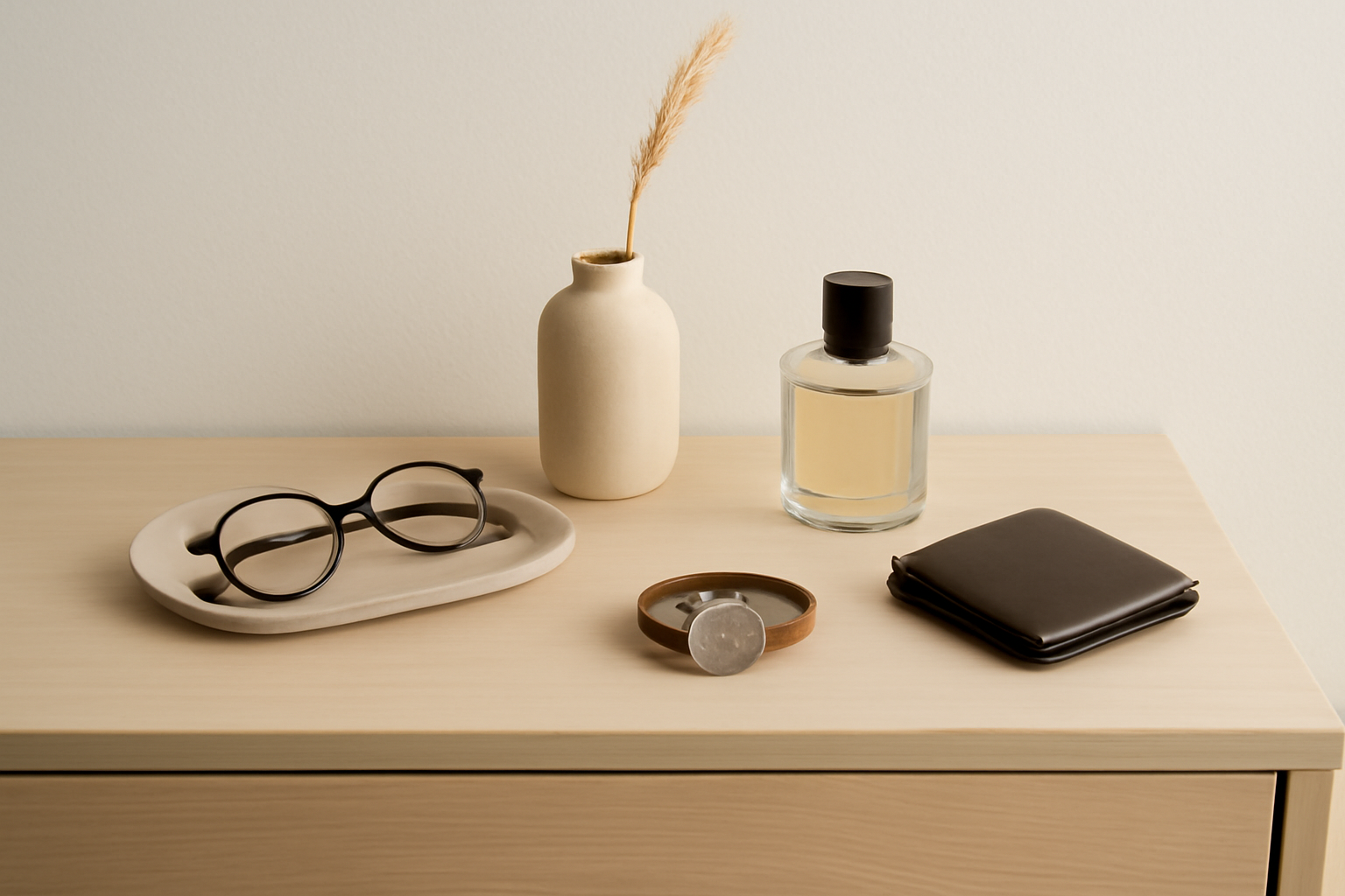 petits accessoires disposés sur commode minimaliste