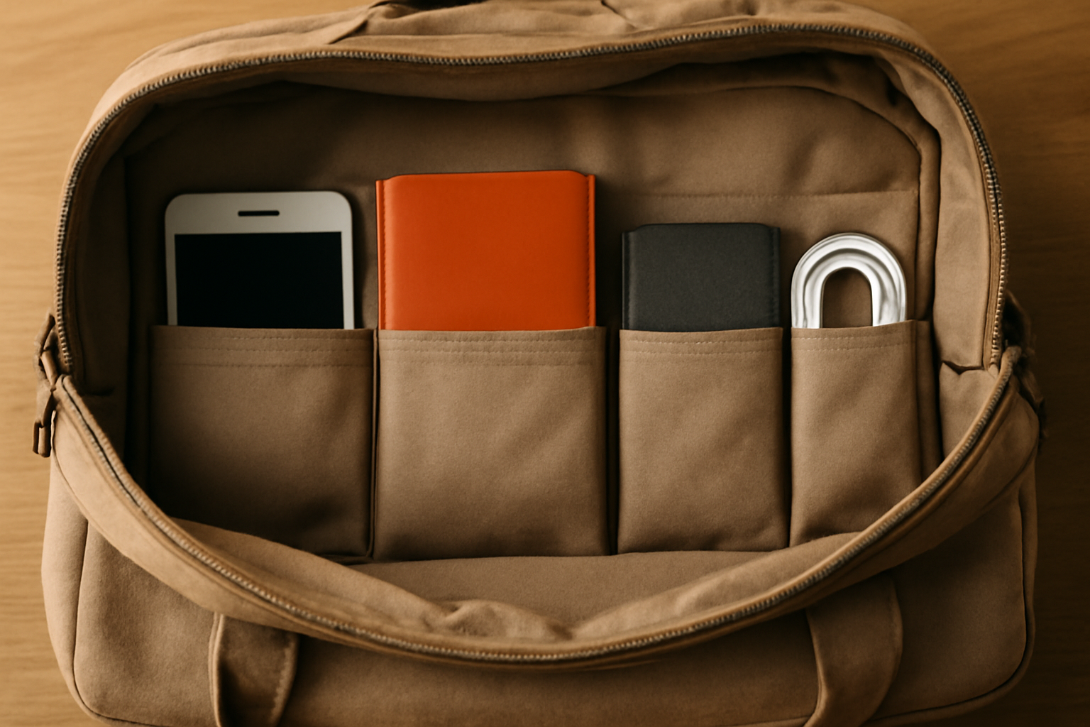 sac ouvert avec pochettes bien rangees