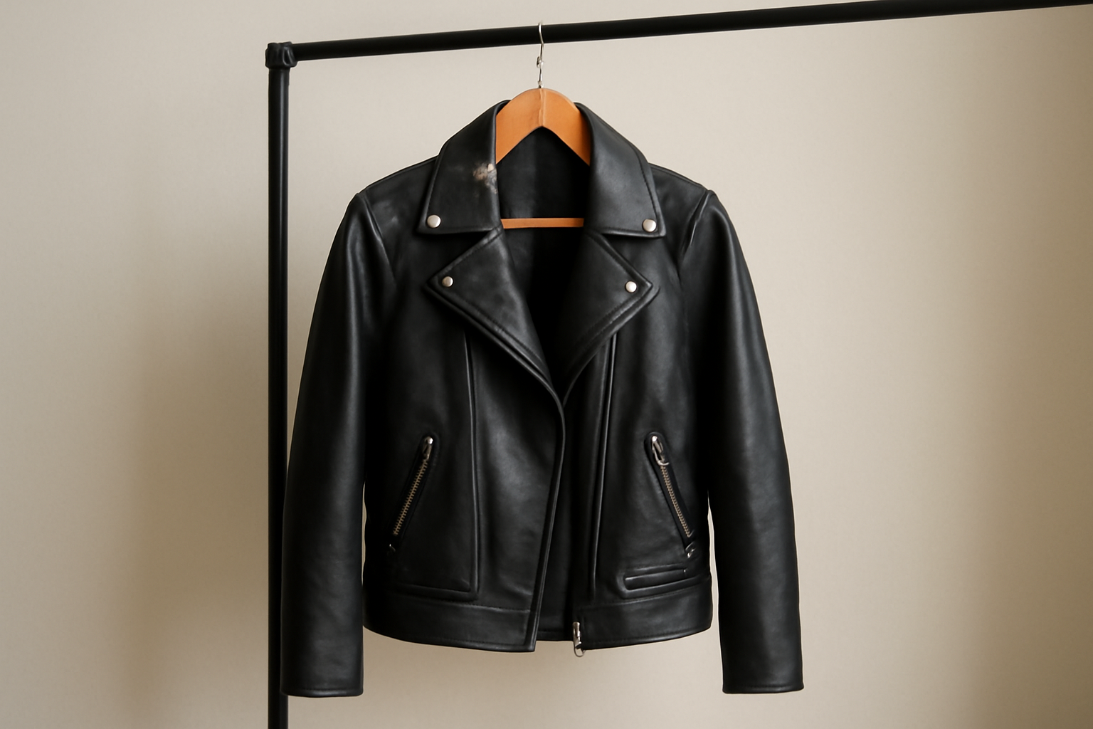veste en cuir synthétique pendue sur porte manteau