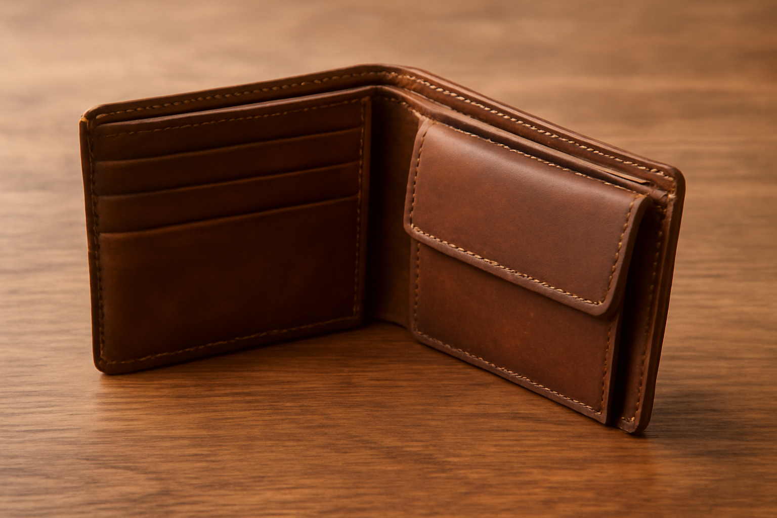 porte-monnaie en cuir ouvert sur une table