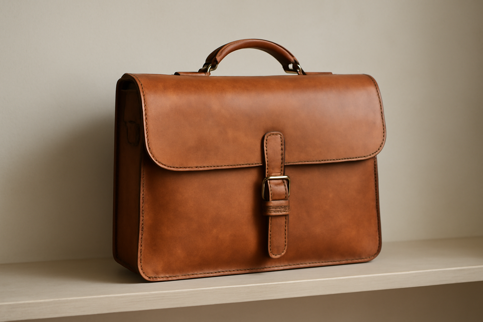 sac en cuir posé sur étagère neutre