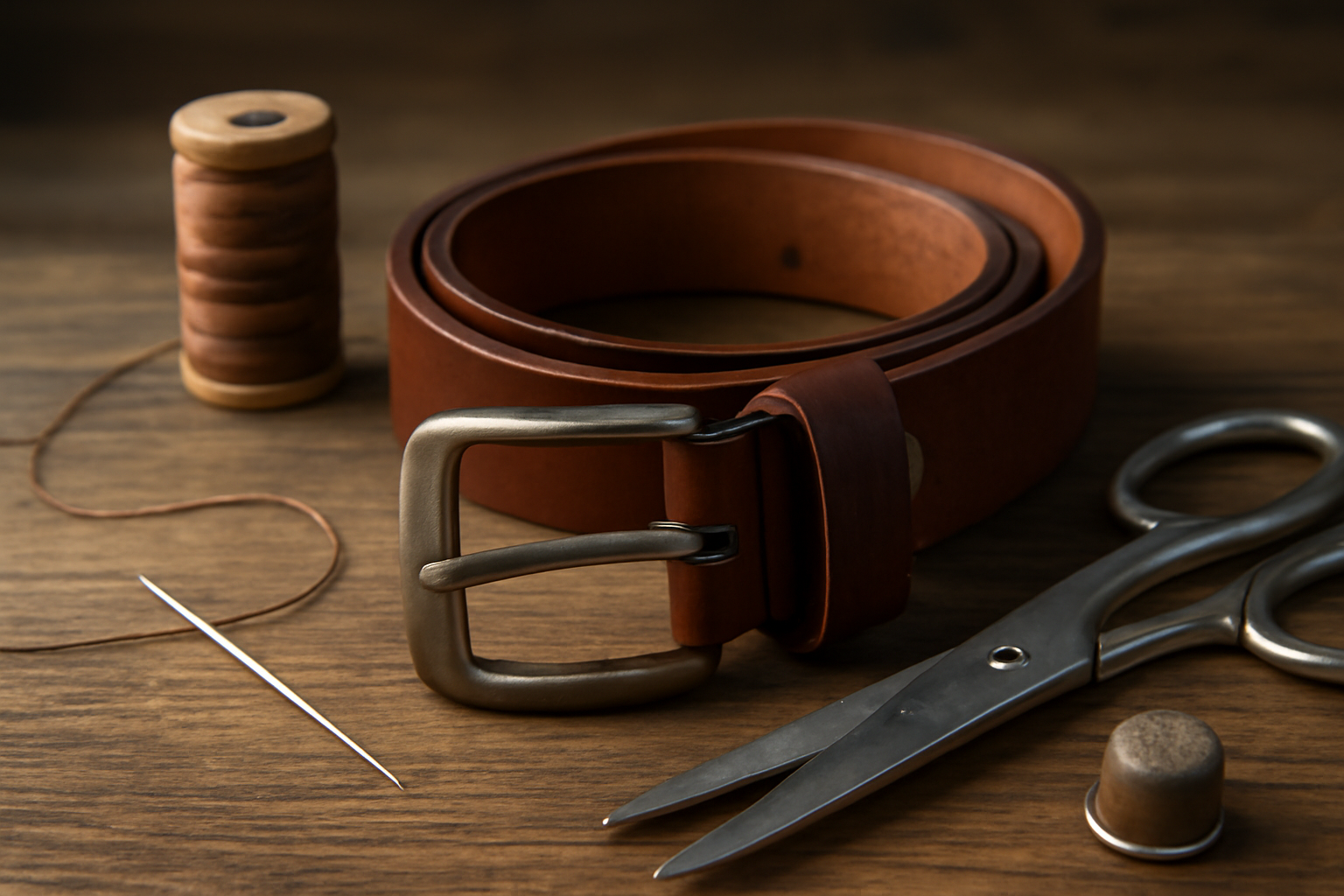 ceinture en cuir pliée avec outils de couture