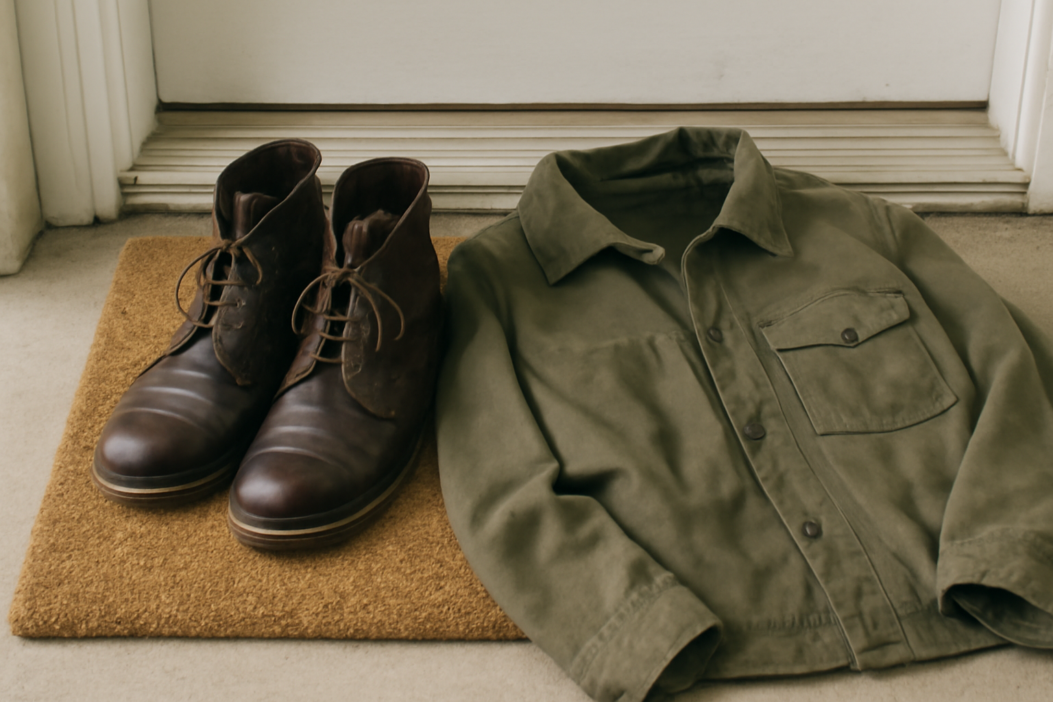 bottes et veste posées sur paillasson