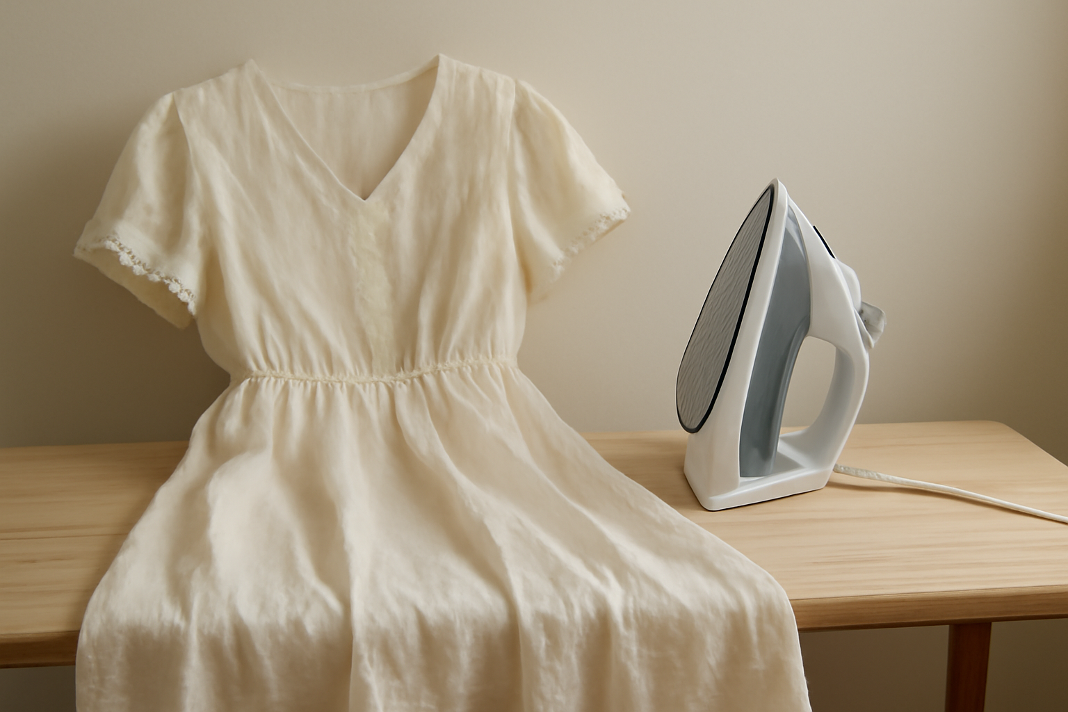 robe légère et fer à repasser sur table