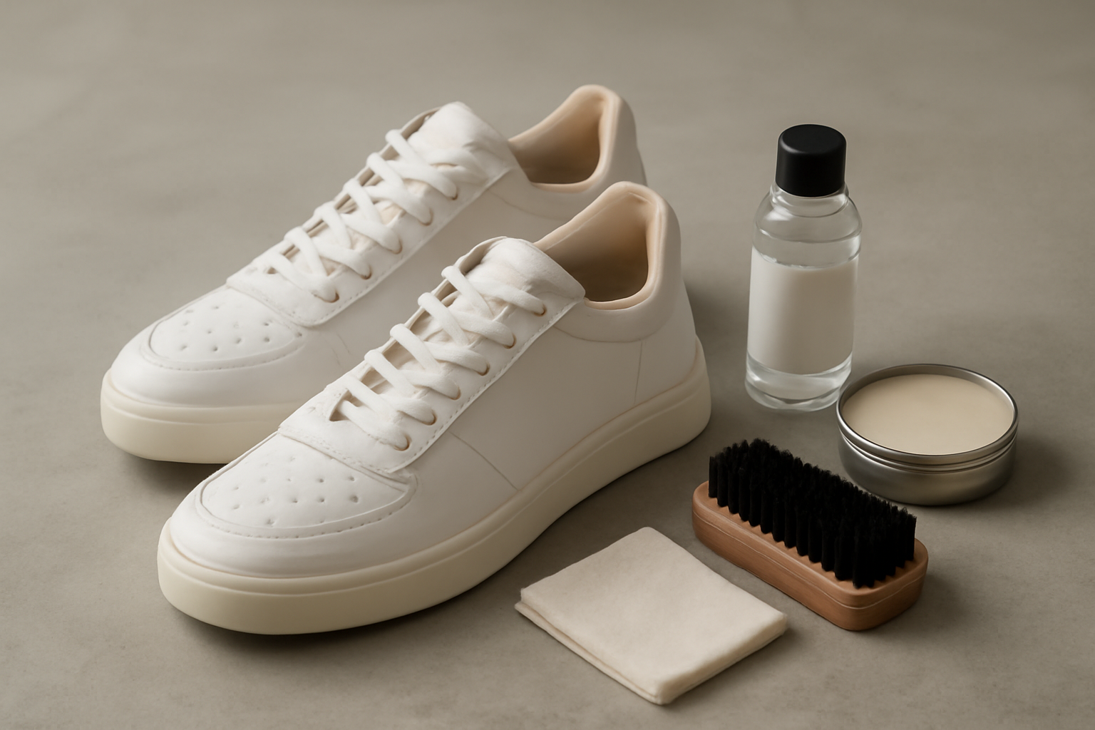 paire de baskets posée près d'un kit d'entretien