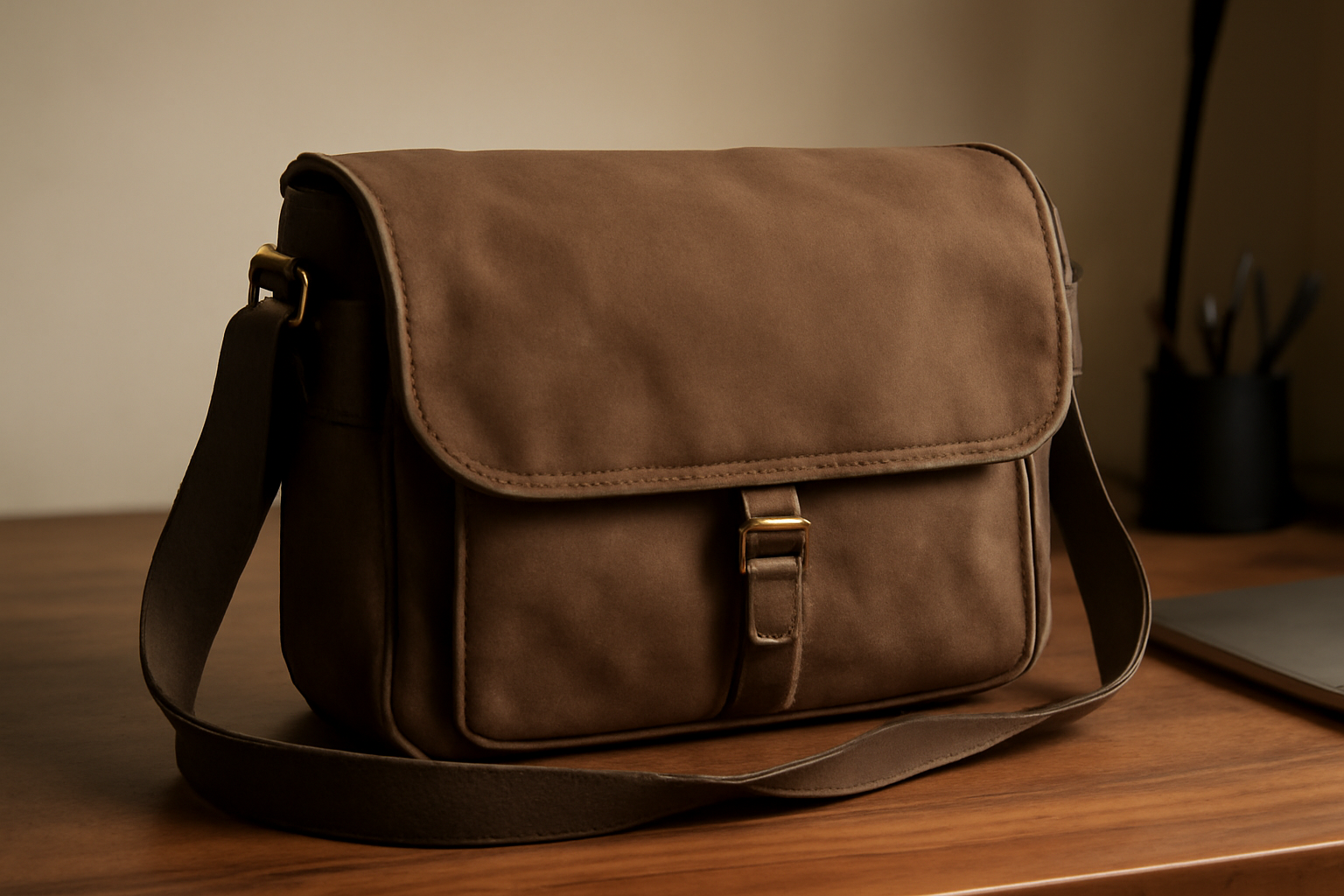 sac besace posee sur une table de bureau