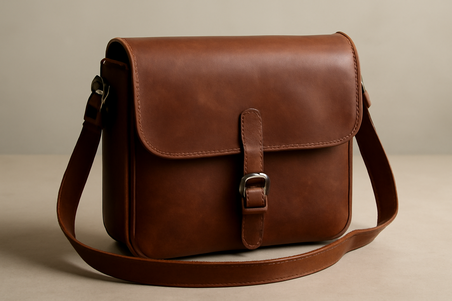 sac en cuir posé sur une table neutre