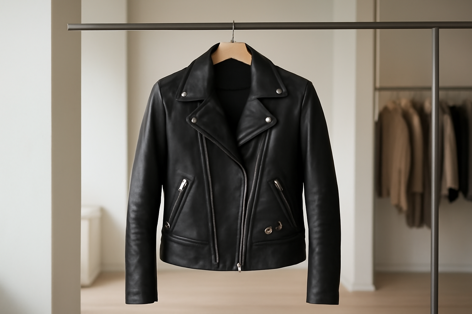 veste en cuir suspendue dans une boutique épurée