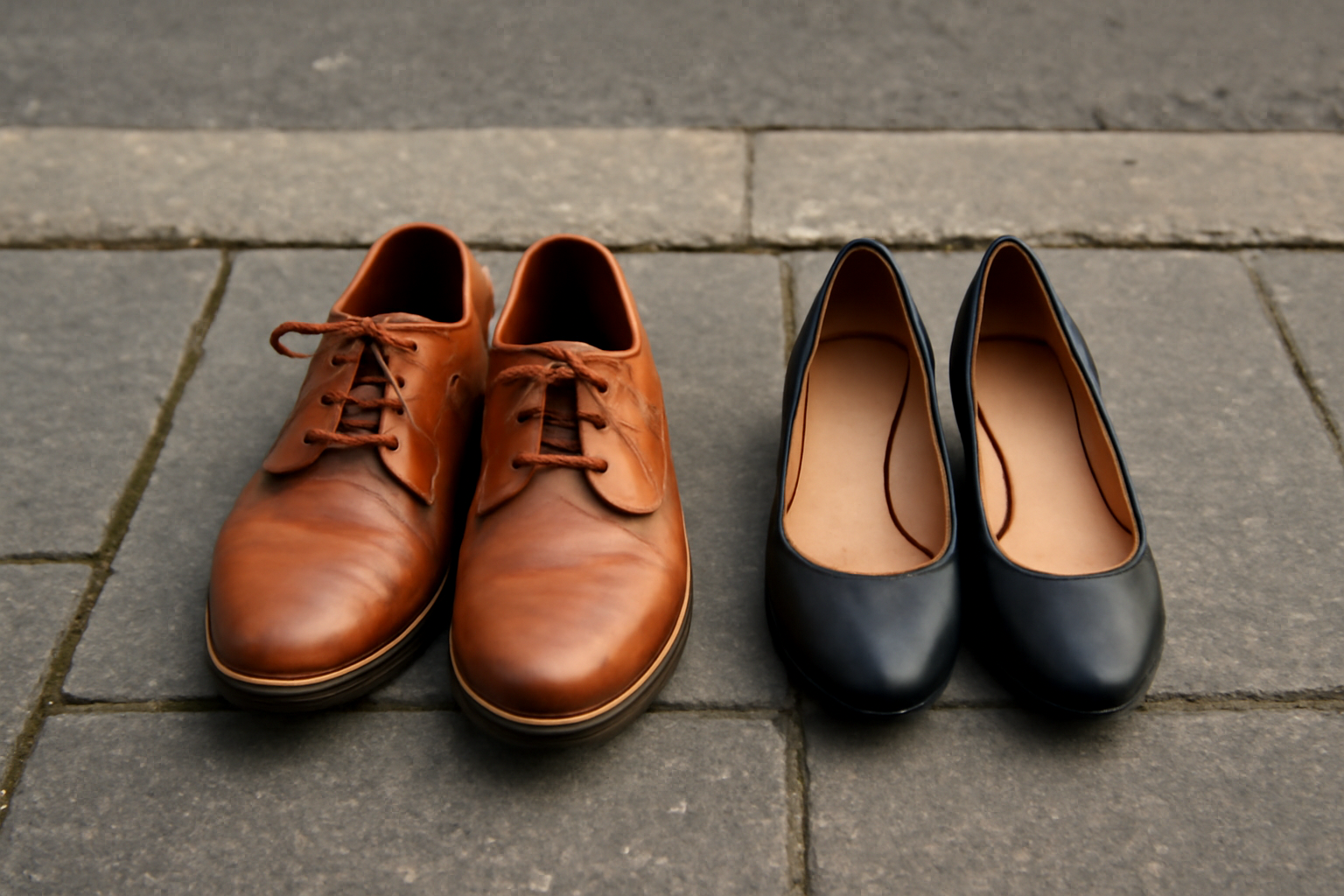 paires de chaussures posées sur trottoir urbain