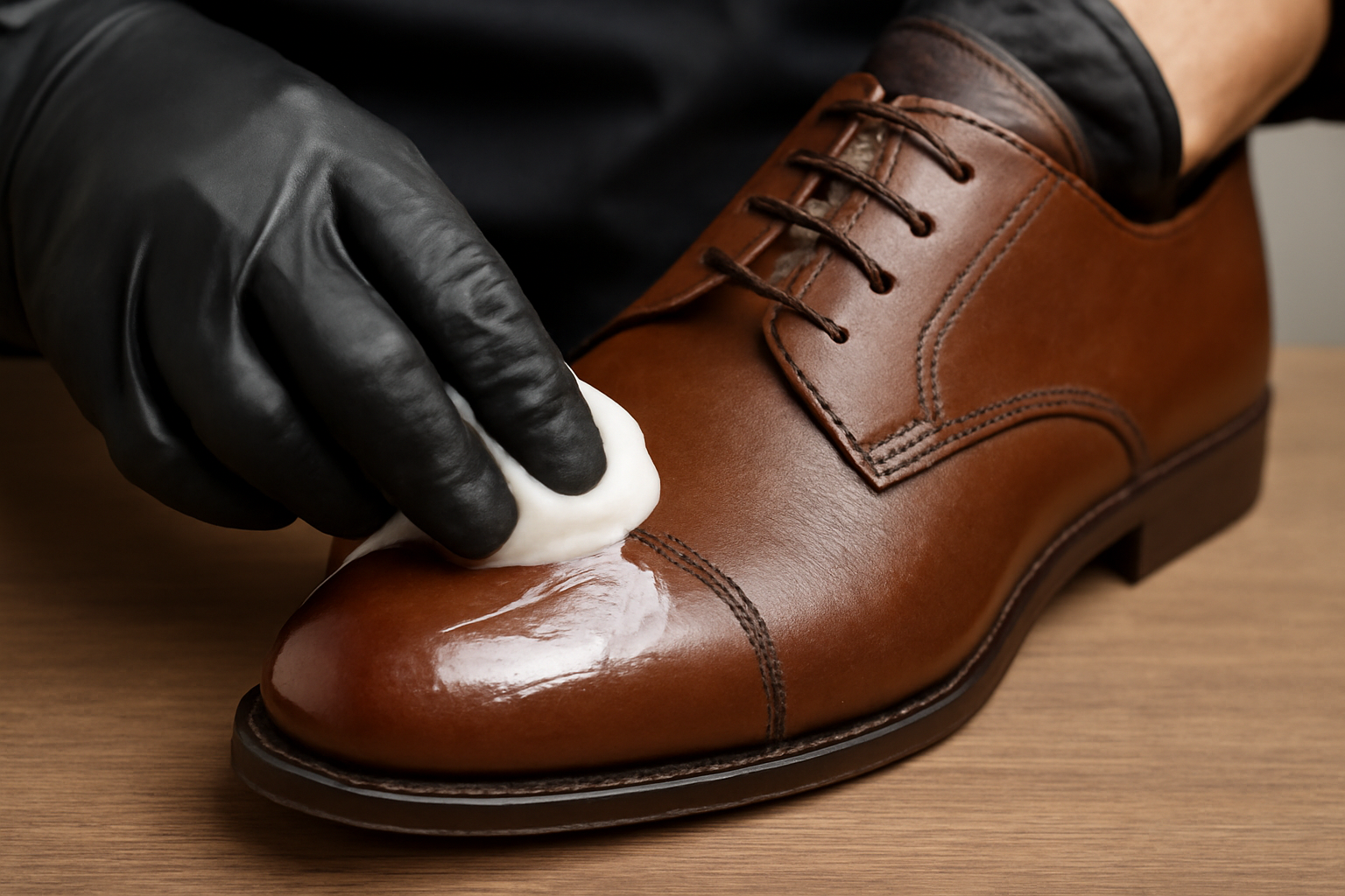 gants appliquant crème sur une chaussure en cuir